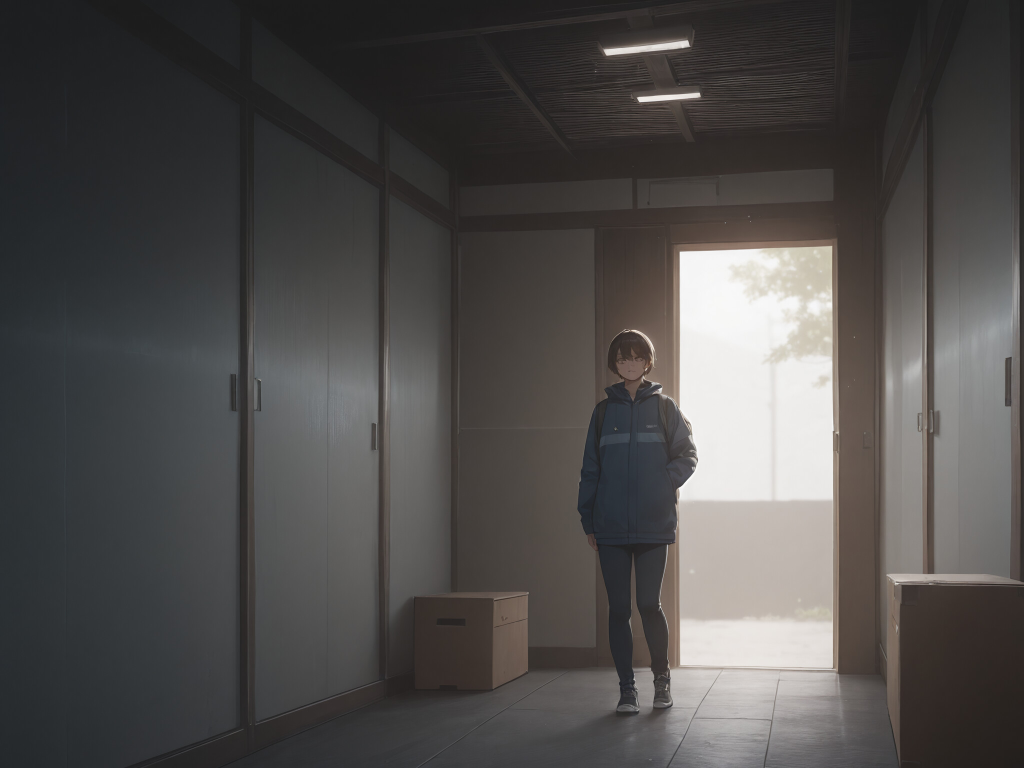 Une jeune femme, représentée dans un style d’animation japonaise, avec de longs cheveux blonds et portant une longue robe blanche, se tient devant une porte vert foncé. Elle tient quelque chose dans ses mains et est encadrée par deux grandes plantes en pot, sous un ciel ensoleillé.