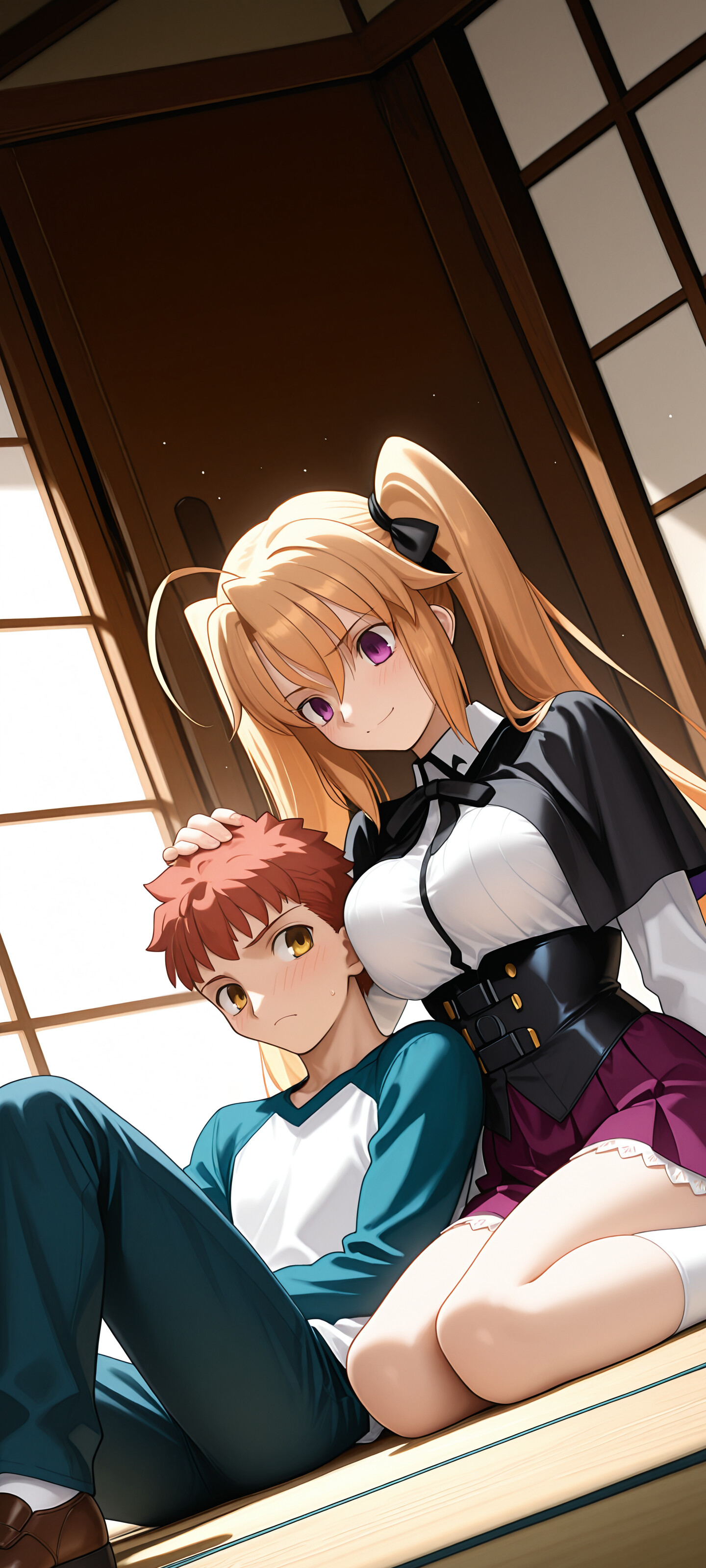 Une illustration d’anime représentant un croisement entre les univers de Fate/stay night et de High School DxD. Irina Shidou, une jeune fille blonde aux cheveux attachés en deux couettes, est agenouillée sur un lit et se penche sur Shirou Emiya, un jeune garçon aux cheveux roux, tout en lui caressant la tête. Il est allongé et la regarde, les joues rouges.
