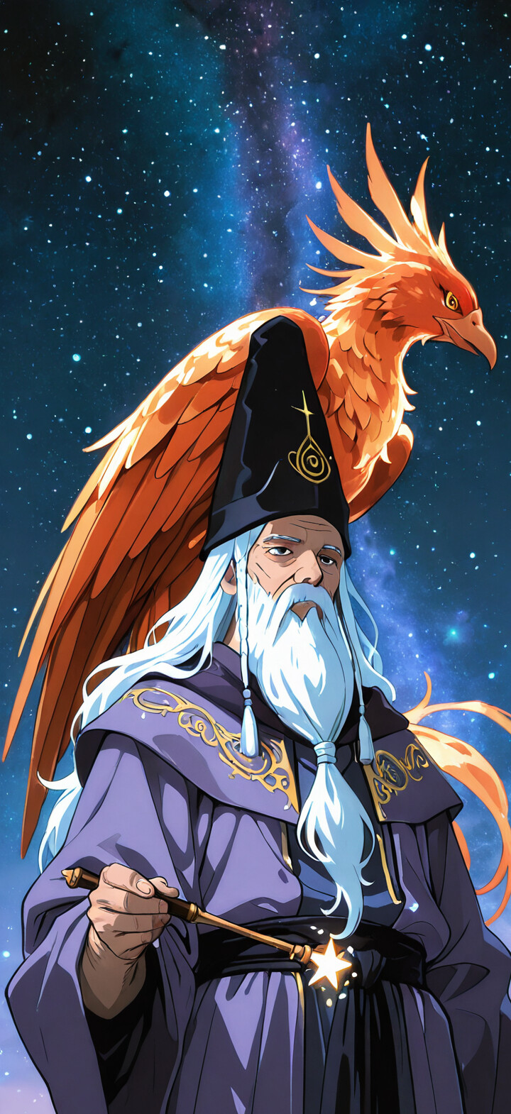 Un portrait de style manga représentant Albus Dumbledore, un sorcier à la longue barbe blanche et vêtu d’une robe violette, tenant une baguette dont l’extrémité est surmontée d’une étoile, avec un grand phénix orange derrière lui, le tout se détachant sur un ciel nocturne étoilé.
