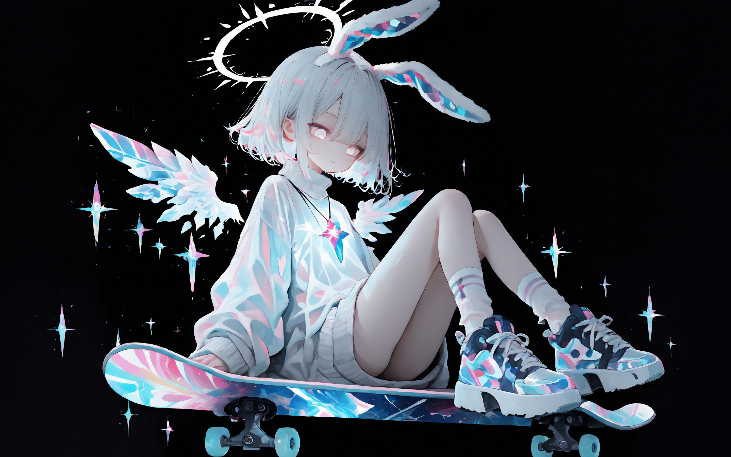 Une illustration complète d’une jeune fille de style manga, aux cheveux blancs, aux oreilles de lapin et aux petites ailes d’ange, assise sur une planche à roulettes iridescente et lumineuse, le tout sur un fond noir uni.