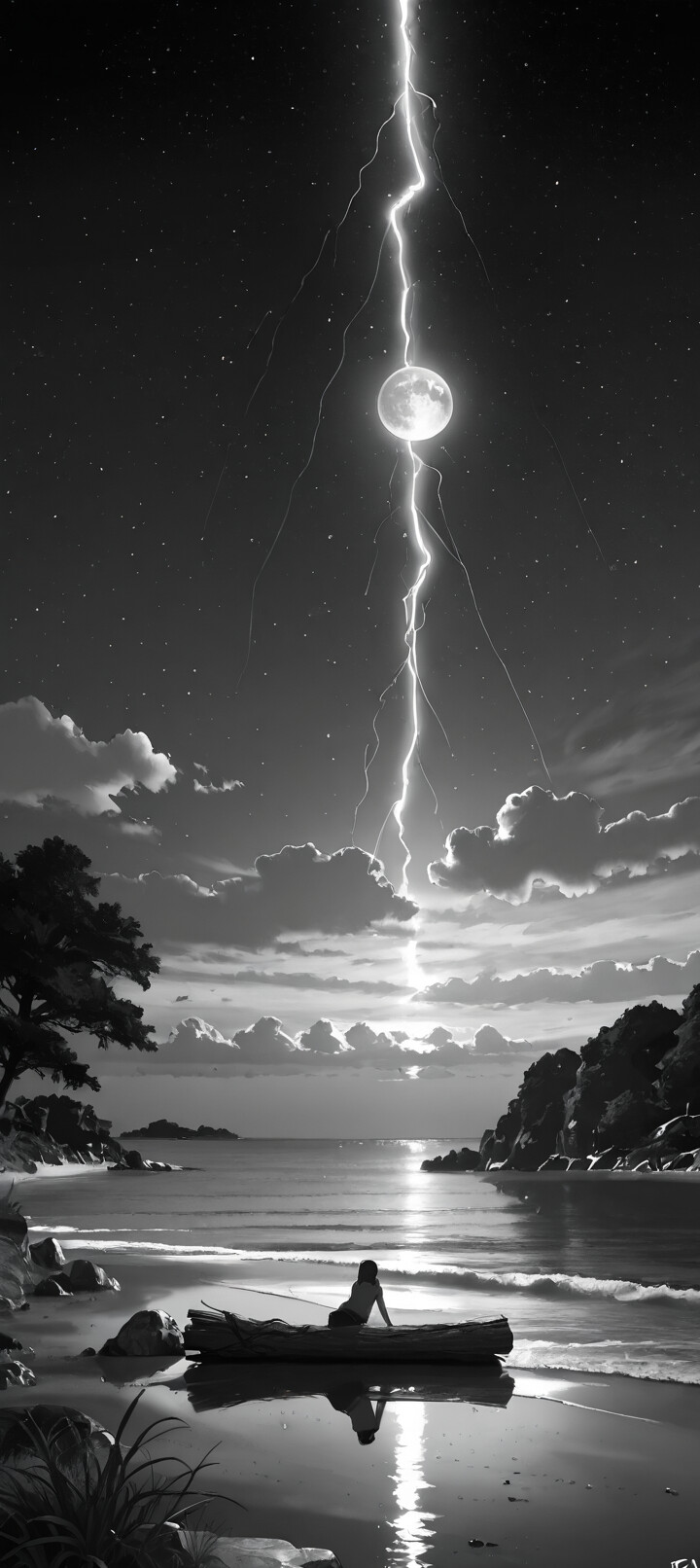 Une image en noir et blanc d’une plage de nuit. Une grande pleine lune et un éclair illuminent le ciel étoilé. Un tronc d’arbre repose sur le sable, tandis que les vagues viennent doucement s’échouer sur le rivage, avec une falaise rocheuse et boisée en arrière-plan.