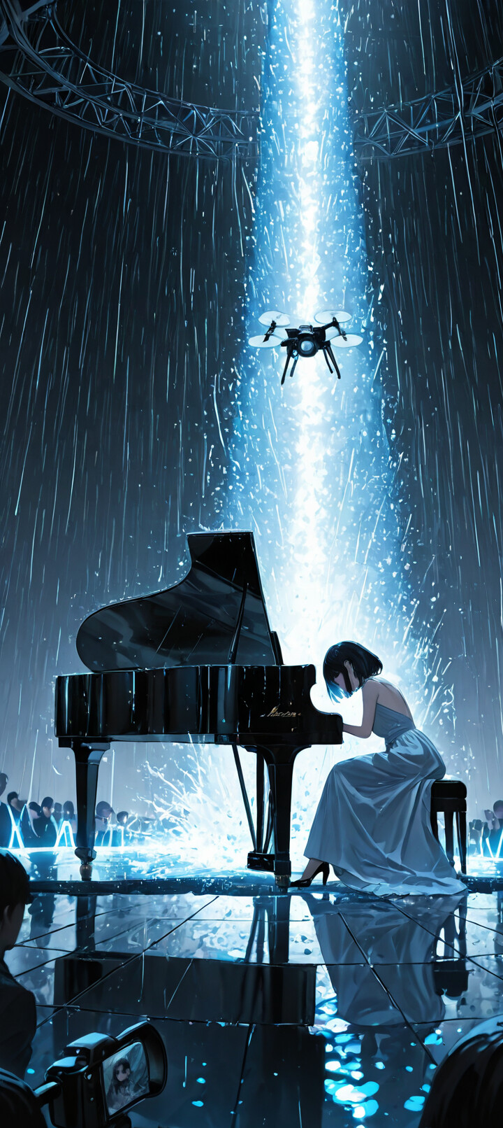 Une illustration de style manga représentant une jeune femme vêtue d’une élégante robe, jouant du piano à queue sur une scène humide et réfléchissante. Il pleut à verse, et un unique projecteur bleu puissant l’éclaire d’en haut.