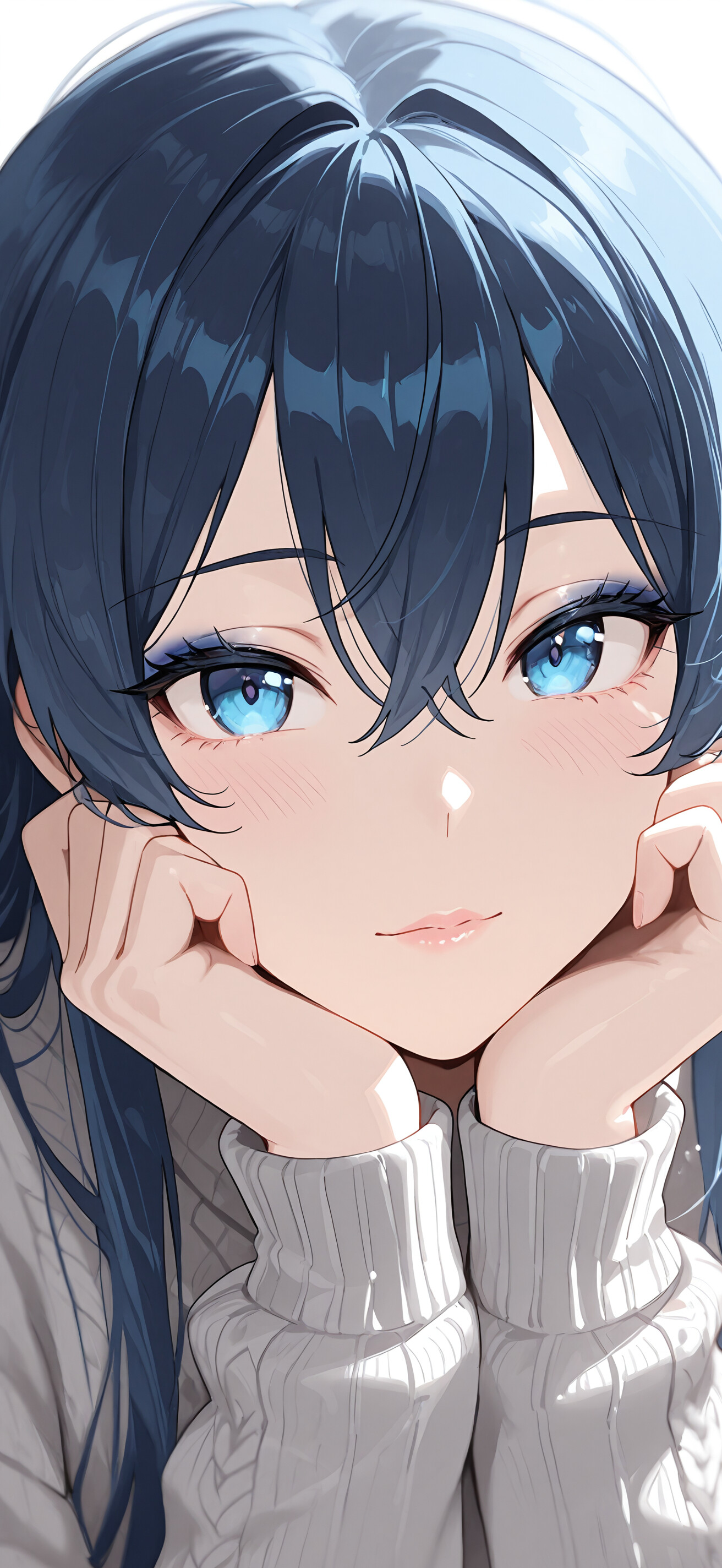 Un portrait numérique en gros plan d’un personnage aux cheveux courts bleu clair et aux yeux bleus d’une précision incroyable, qui regarde droit devant lui avec une expression sereine.