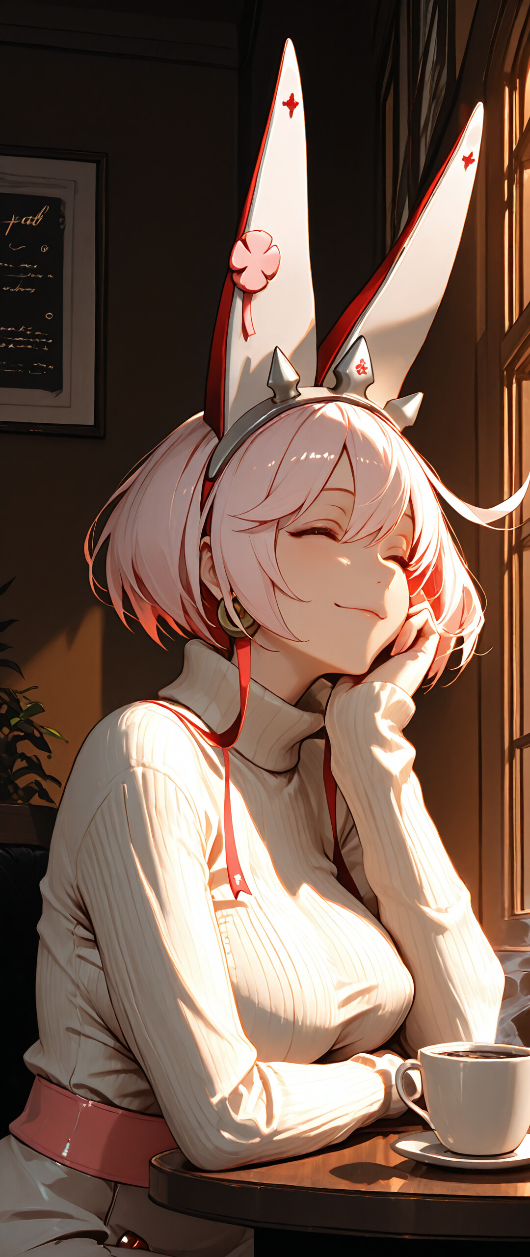 Une illustration de style manga représentant Elphelt Valentine, un personnage du jeu Guilty Gear. Elle a les cheveux courts et roses, les yeux bleus et de grandes oreilles blanches en forme de lapin, ainsi qu’un bandeau à pointes. Elle porte un pull à col roulé blanc et est assise à une table en bois dans un café, souriant doucement et reposant son menton sur sa main. Une tasse de café se trouve sur la table, à côté d’elle.
