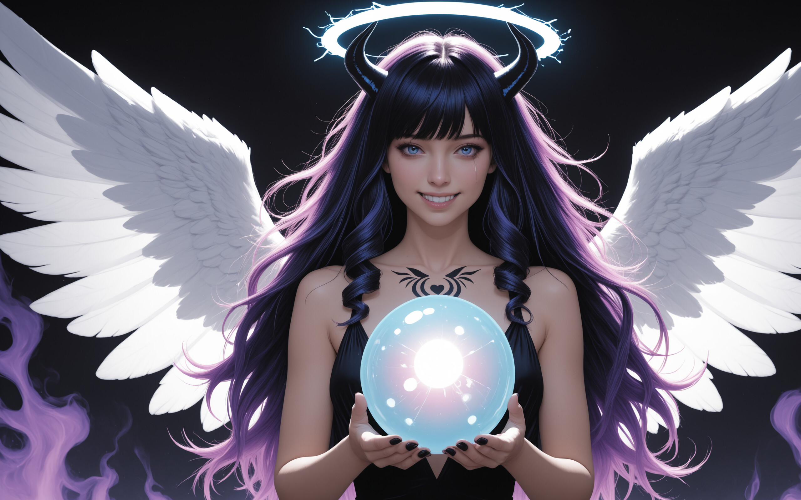 Une femme au style manga, dotée d’ailes d’ange blanches, de cornes de démon noires et d’un halo bleu, qui sourit en tenant une sphère violette lumineuse devant un fond noir.