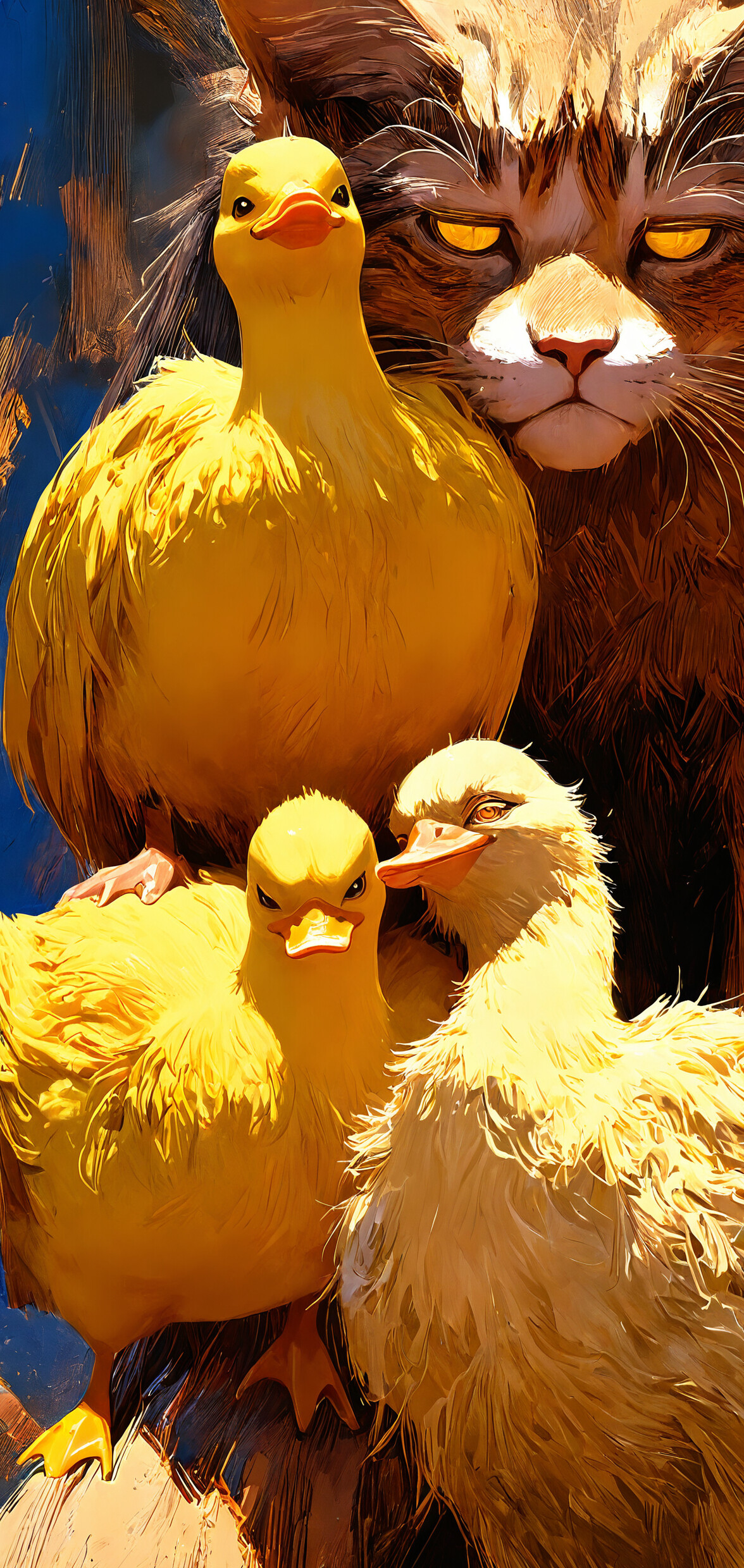 Une illustration détaillée et picturale du visage d’un chat tigré grognon, présentée en très gros plan. Six petits canards en caoutchouc jaune vif sont posés sur sa tête, comme une couronne.