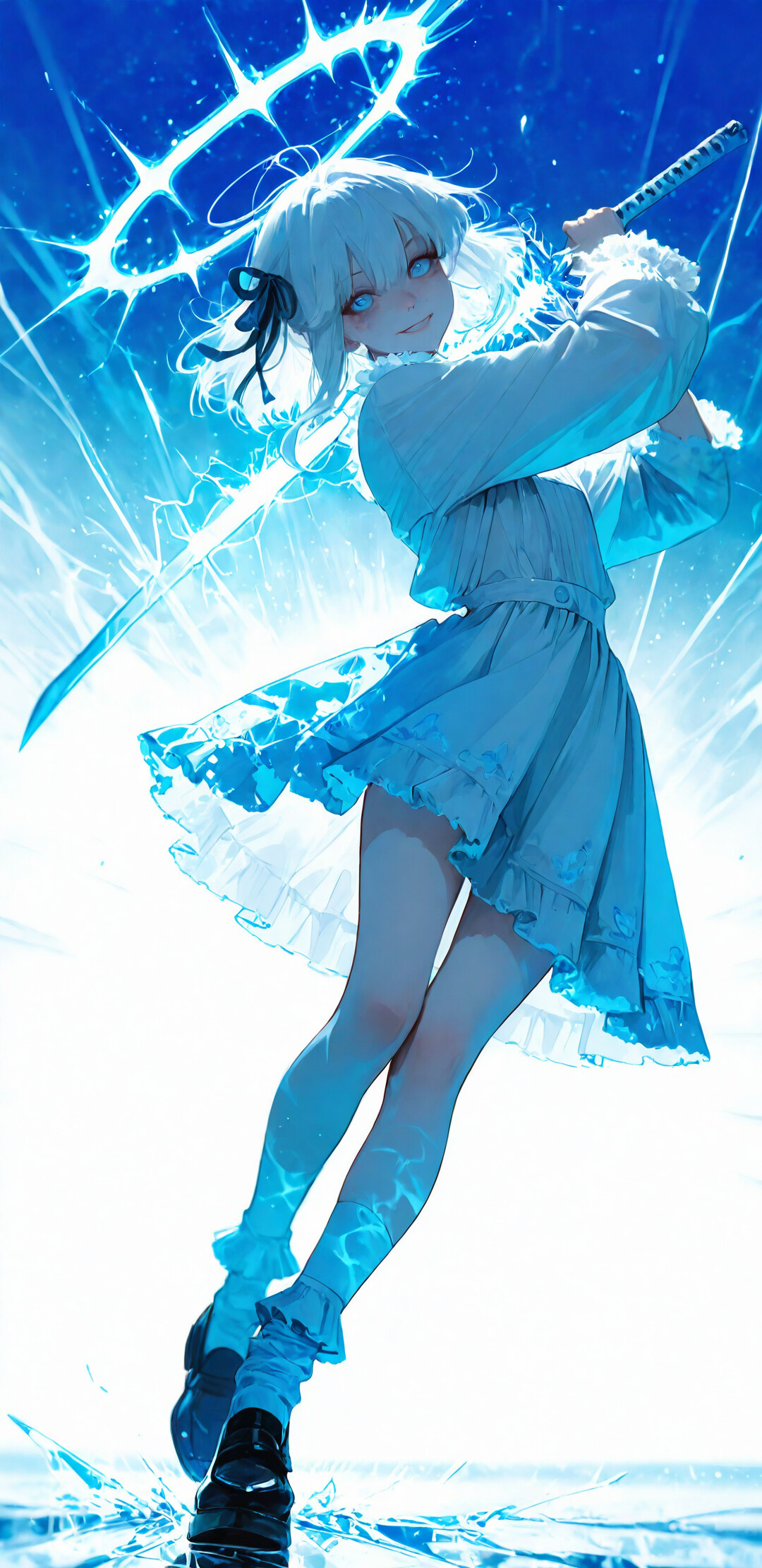 Une illustration représentant une jeune fille d’anime en pied, avec des cheveux blancs et une robe blanche à volants. Elle tient un katana de glace bleu lumineux et sourit en regardant le spectateur, debout sur une surface de glace fissurée devant une lumière circulaire et éclatante.