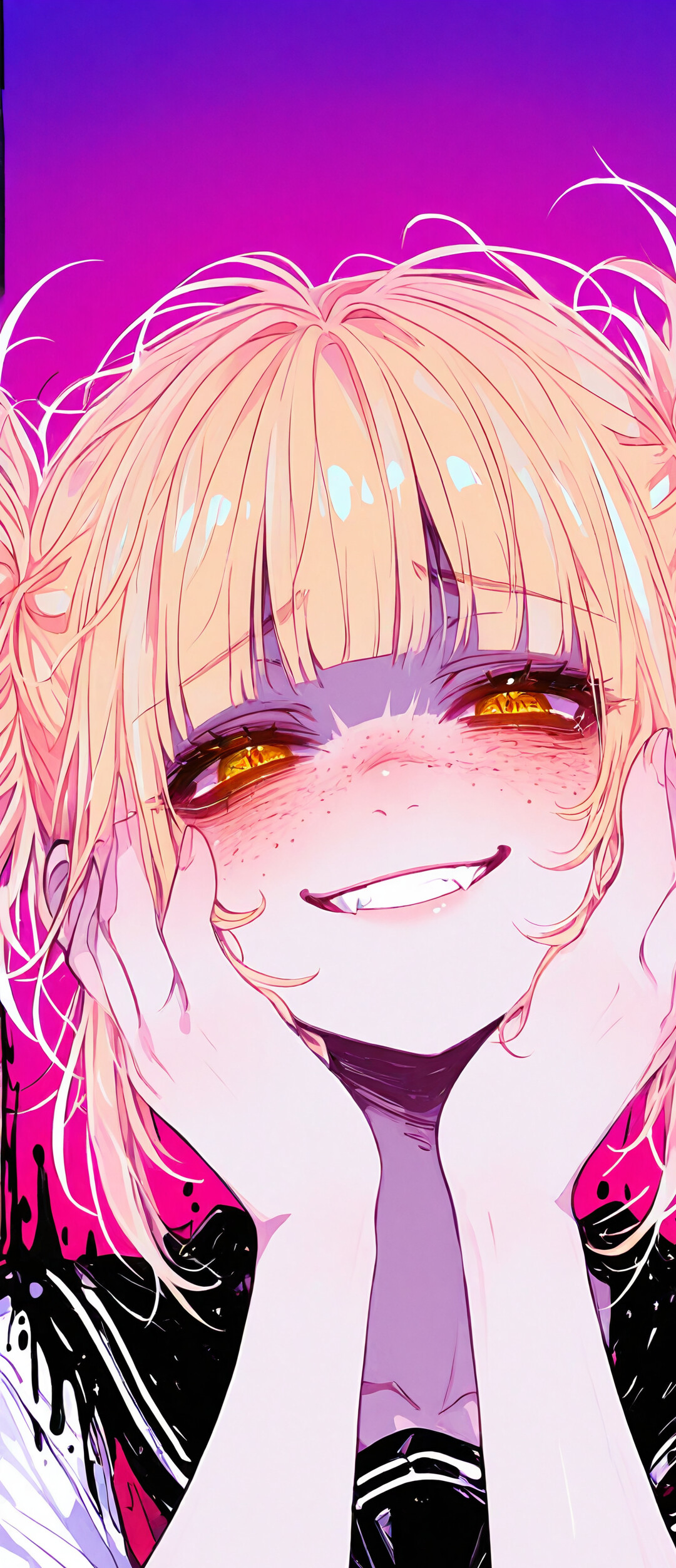 Un portrait de Himiko Toga, dans le style des dessins animés japonais, tiré de l’œuvre My Hero Academia. Elle a les cheveux blonds, coiffés en deux chignons désordonnés, des yeux dorés et un large sourire dévoilant ses dents. Ses mains sont posées sur ses joues, et son expression est étrangement joyeuse.