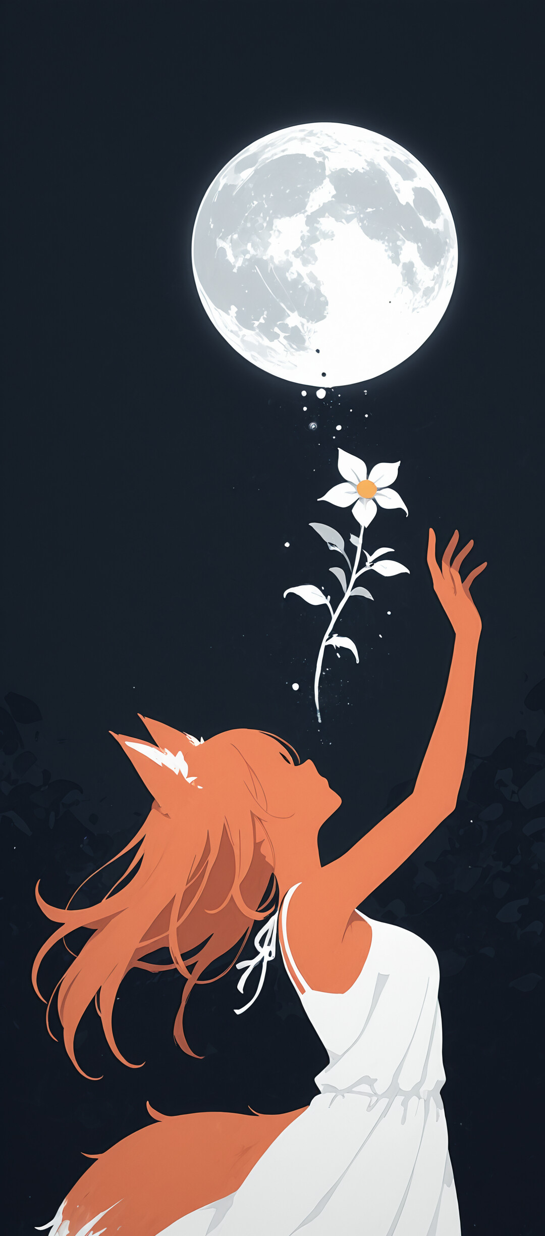 Une illustration de Holo, personnage de l’œuvre « Spice and Wolf », une jeune fille aux oreilles et à la longue chevelure orange, ainsi qu’à la grande queue de renard, portant une robe blanche. Elle se tient dans un champ de fleurs, la nuit, et tend les bras vers la pleine lune.