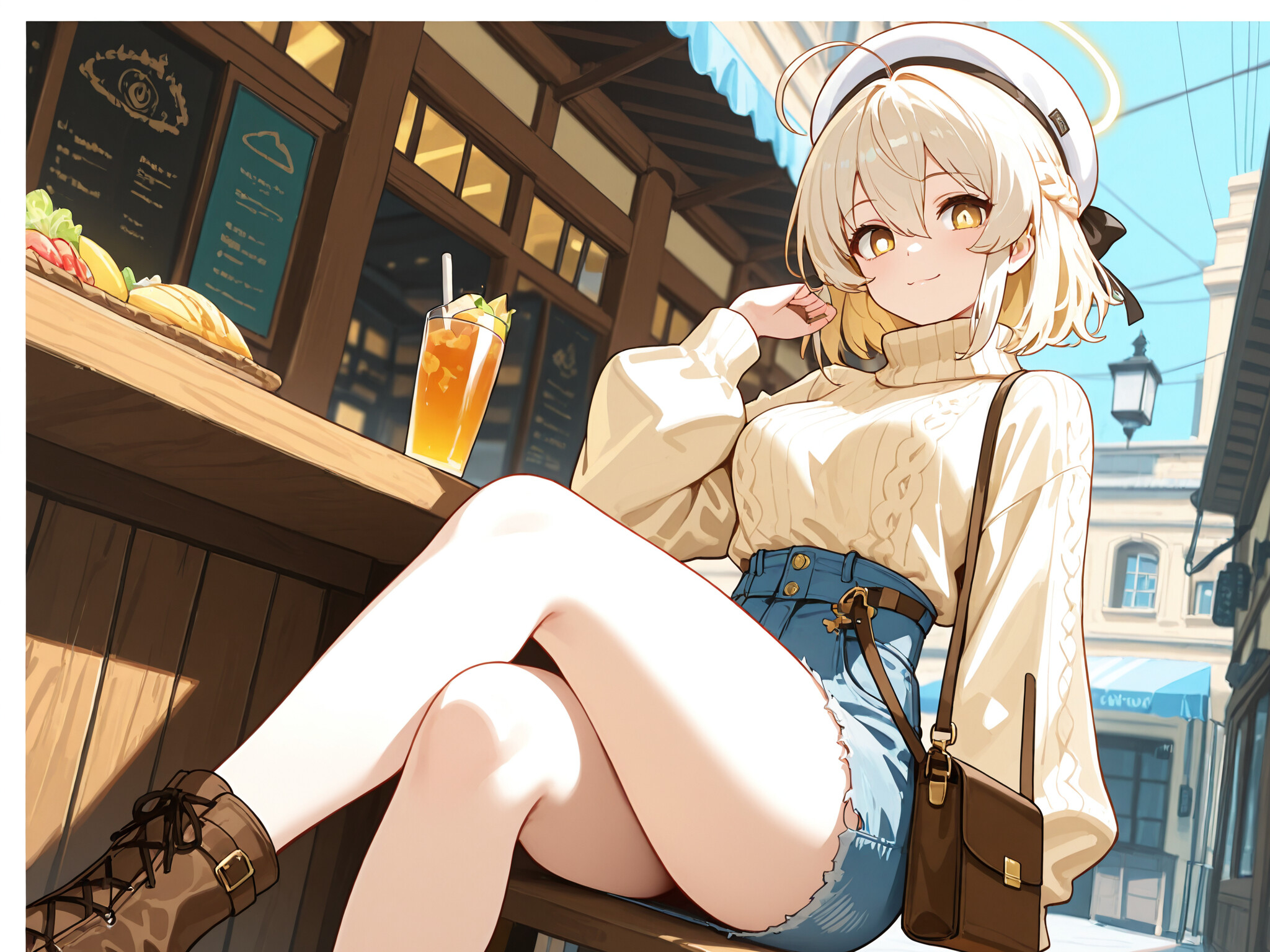Lumine, personnage du jeu Genshin Impact, une magnifique jeune fille d’anime aux longs cheveux blonds, assise sur un banc dans une ville, vêtue d’une tenue décontractée composée d’un pull et d’un short en jean, et souriant en tenant un café glacé.