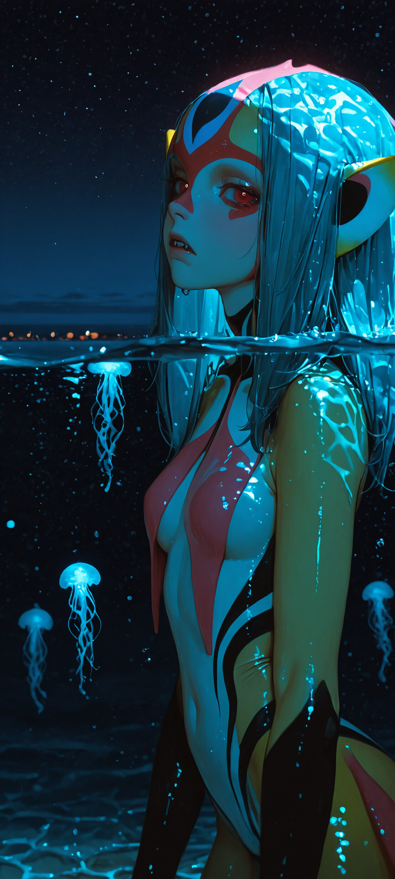 Une illustration du personnage d’anime Mutio, tiré de Blue Submarine No. 6, debout dans l’océan, la nuit. Une grande méduse bleue bioluminescente est posée sur sa tête comme un chapeau, illuminant son visage et ses cheveux gris sur fond de ciel étoilé.