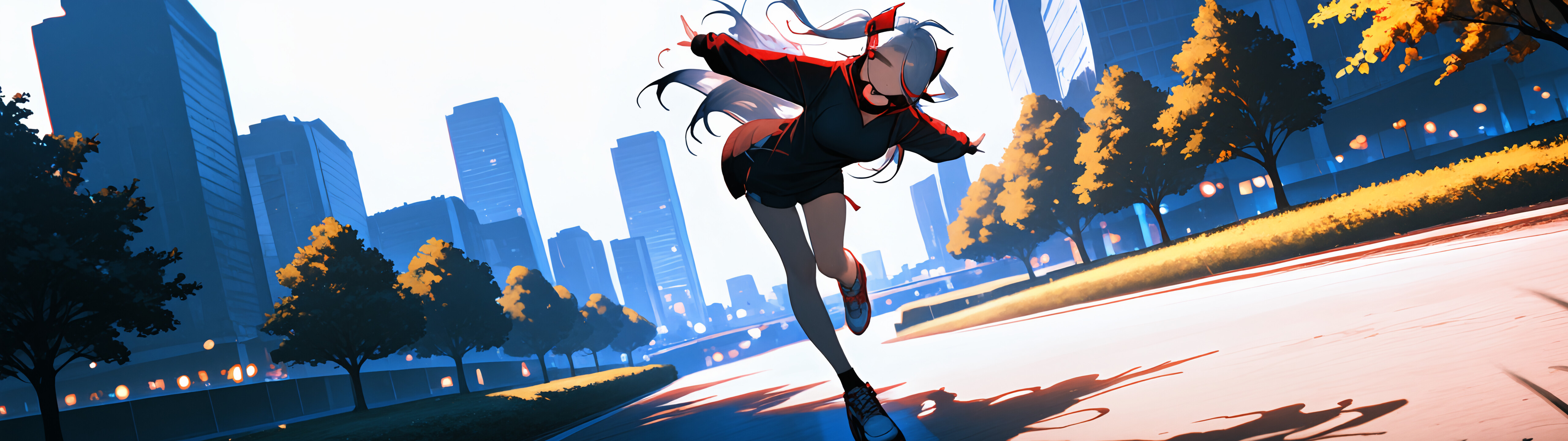 Illustration complète du personnage d’anime Prinz Eugen, tiré de la série Azur Lane, debout sur un trottoir en ville. Elle a de longs cheveux blancs, porte un sweat à capuche noir décontracté et des baskets, et sourit joyeusement, un bras tendu.