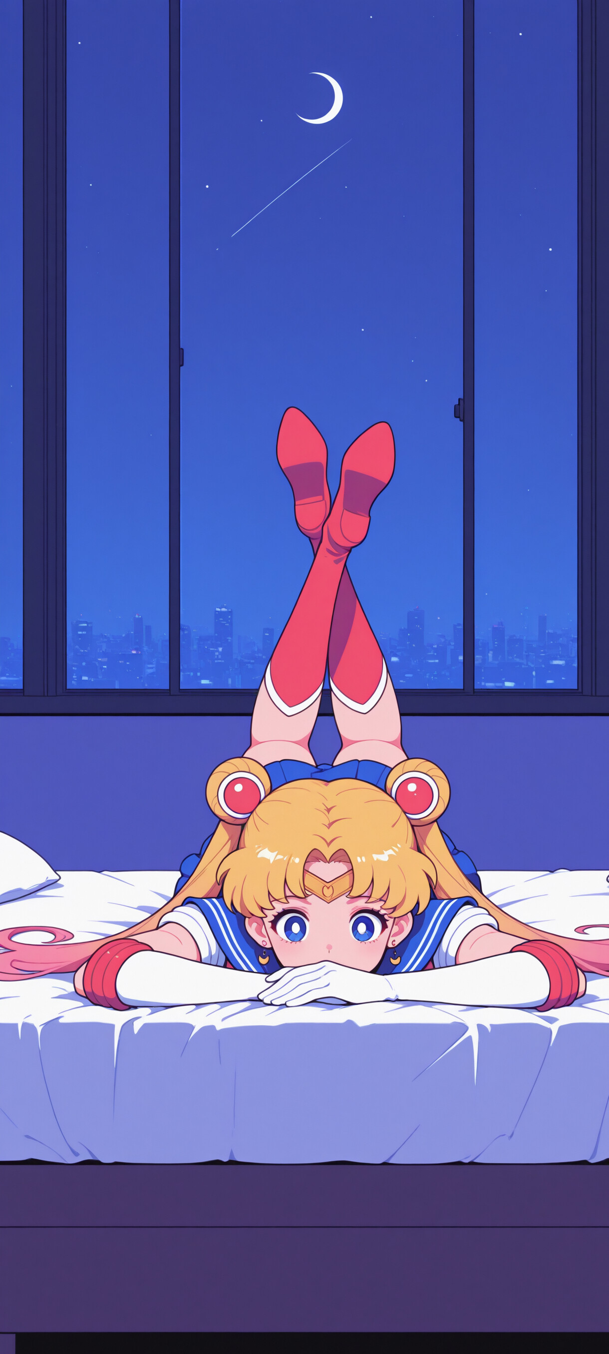 Sailor Moon, reconnaissable à sa coiffure blonde en forme de chignons, est allongée sur le ventre sur un lit, et regarde directement le spectateur. Derrière elle, une grande fenêtre révèle une vue imprenable sur les lumières d’une ville animée, la nuit, sous un ciel étoilé.