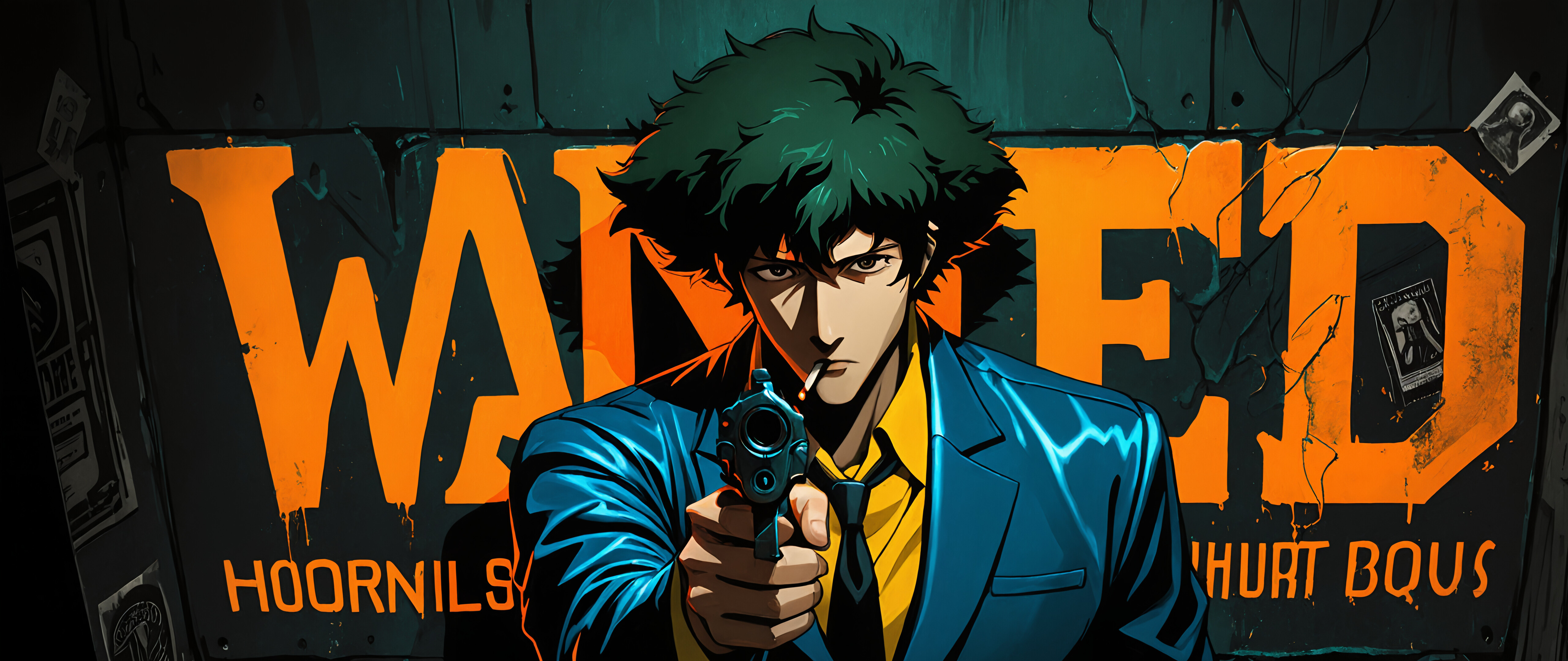 Illustration de Spike Spiegel, dans le style des dessins animés japonais, tirée de Cowboy Bebop, où il pointe un pistolet vers la caméra. Il a les cheveux noirs et ébouriffés, une cigarette à la bouche et porte un costume bleu. Derrière lui, on aperçoit un mur avec une grande enseigne néon indiquant « RECHERCHÉ ».