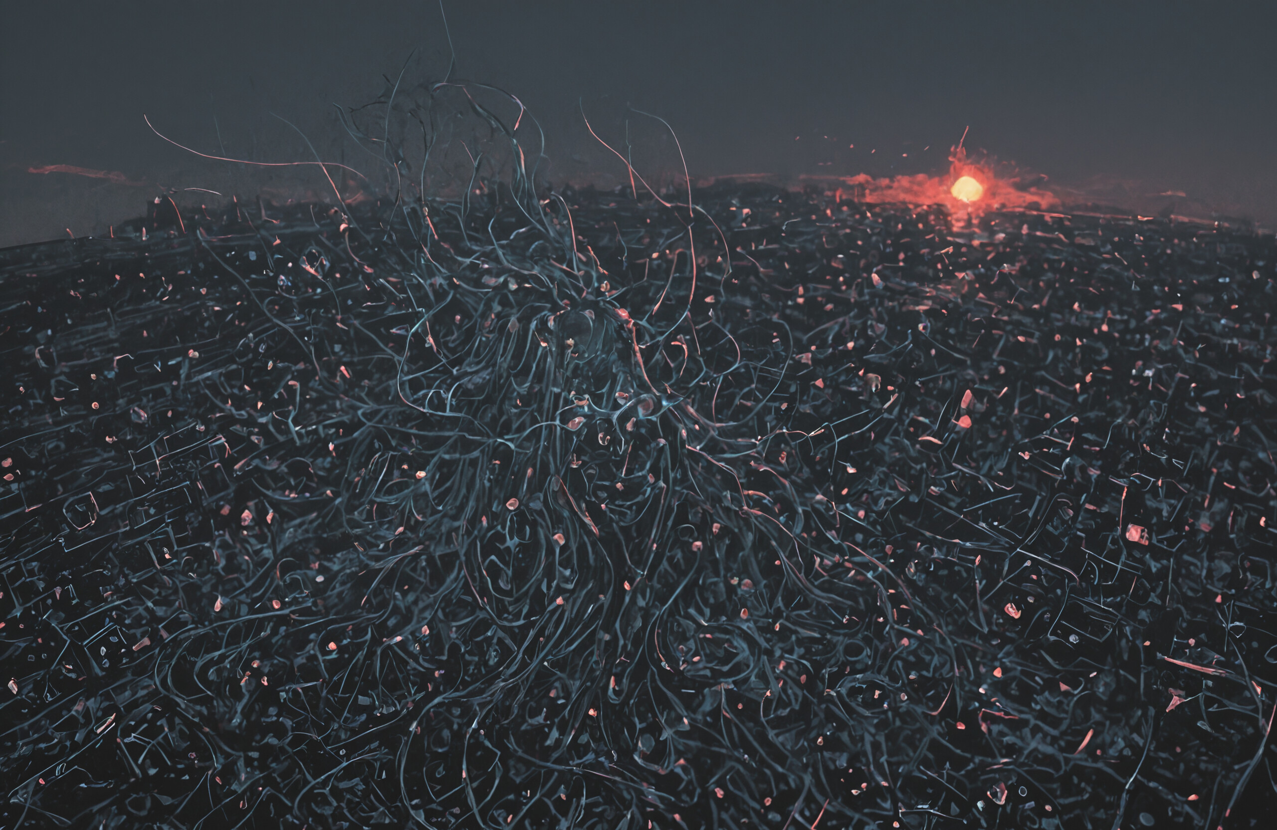 Une œuvre d’art de style ukiyo-e représentant un esprit éthéré, composé de racines et de branches sombres et entrelacées. La figure se tient dans une forêt chaotique, devant un grand soleil orange et massif qui lui sert d’auréole.