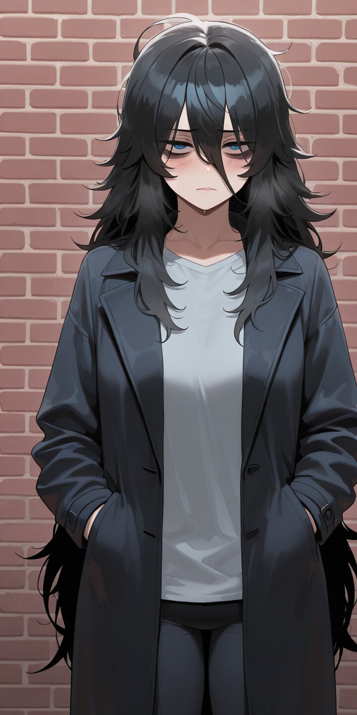 Une jeune fille au style manga, avec de longs cheveux noirs en désordre et des yeux bleus fatigués, est appuyée contre un mur de briques. Elle porte un trench-coat beige, un pull à col roulé noir et un jean bleu, et ses mains sont enfoncées dans les poches de son manteau.