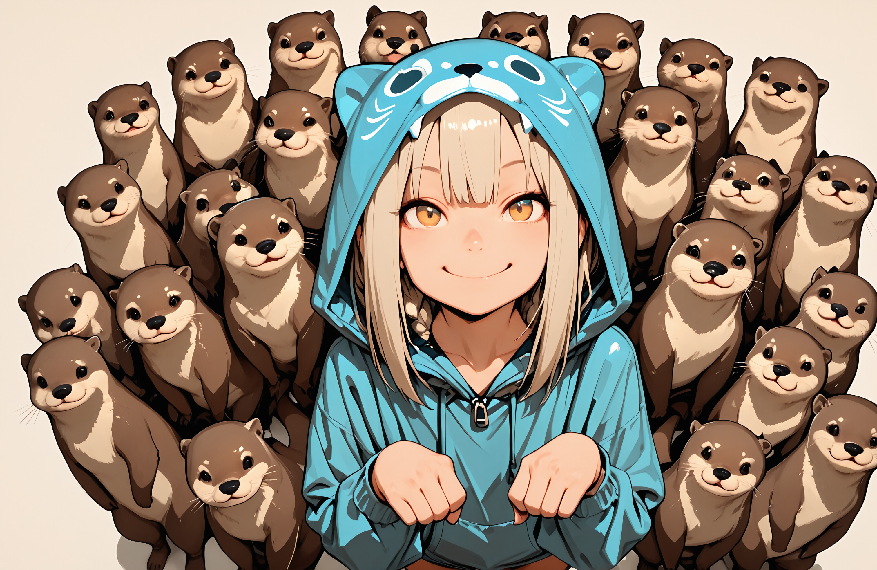 Une jeune fille d’anime, vêtue d’un sweat à capuche bleu représentant une loutre, sourit, entourée d’un grand groupe de jolies loutres. Elle tient ses mains comme si elle imitait les pattes d’une loutre.