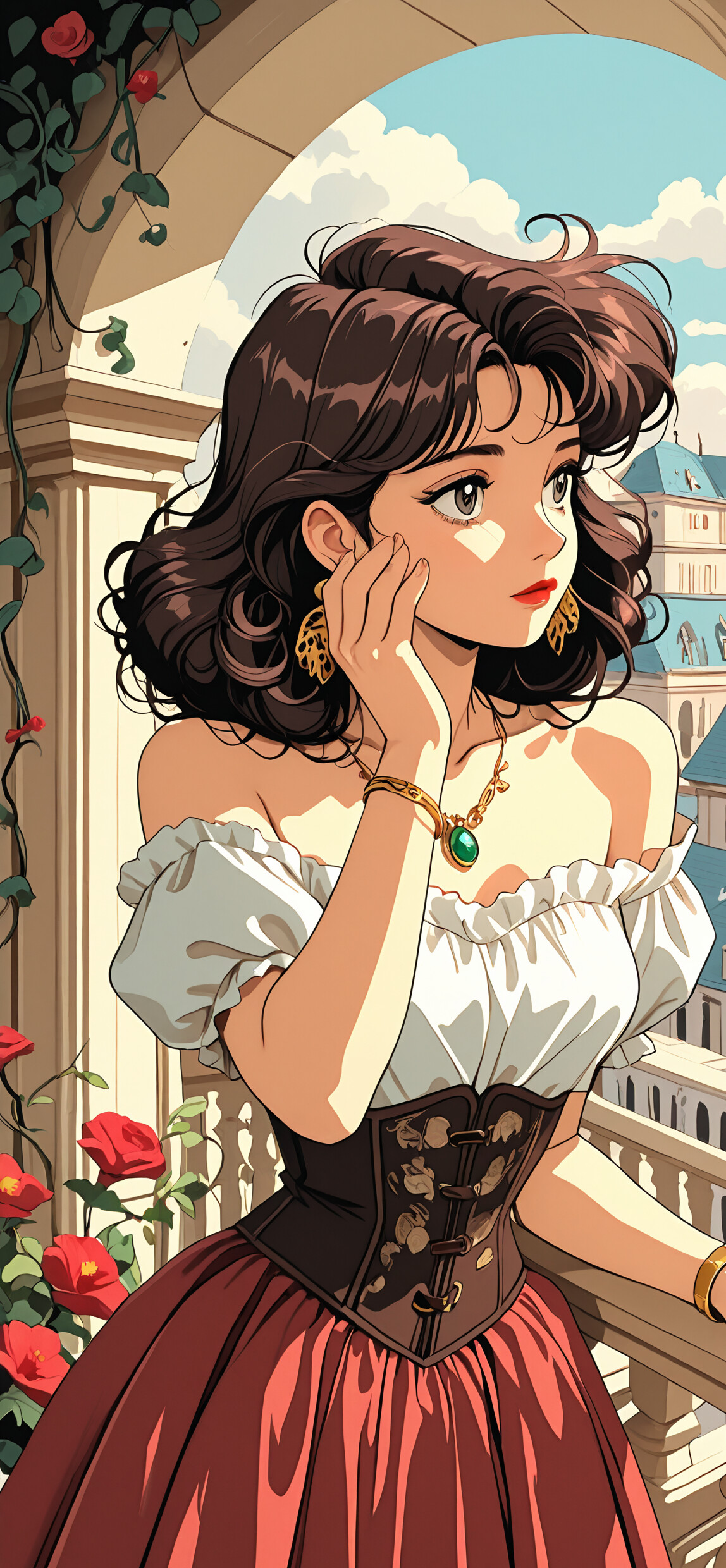 Une illustration de style manga représentant une jeune femme aux cheveux noirs et bouclés, vêtue d’une robe de style Renaissance, debout sur un balcon ensoleillé surplombant une ville européenne avec un canal.