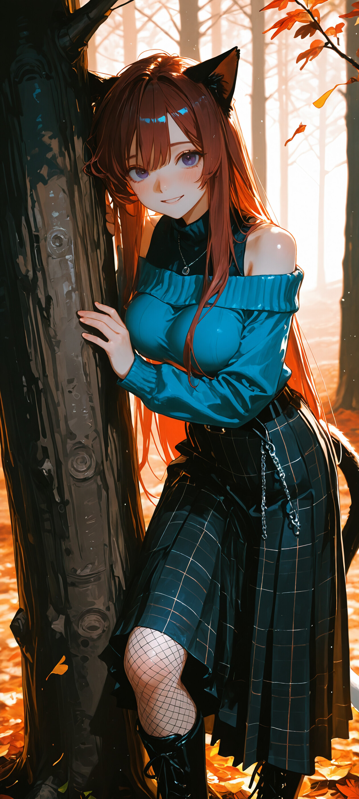 Une illustration complète d’une jeune fille à l’apparence d’un chat de style manga, avec de longs cheveux bruns et des yeux violets, portant un pull bleu à décolleté et une jupe à carreaux, debout dans une forêt automnale devant un grand arbre.