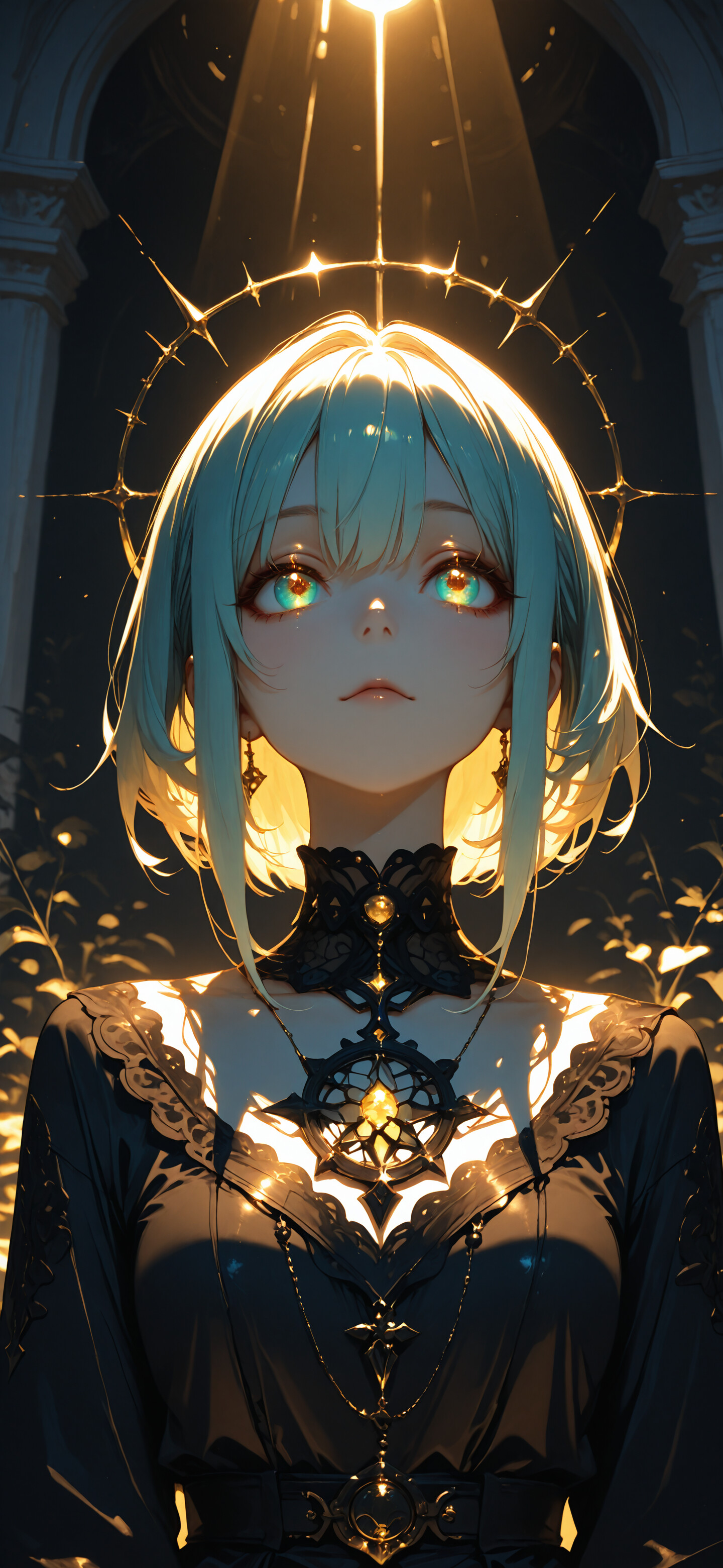 Un portrait en gros plan d’une jeune fille au style manga, avec des cheveux turquoise et des yeux dorés brillants, qui lève les yeux vers une lumière vive dans une pièce sombre. Elle porte un collier de dentelle noire et des boucles d’oreilles en forme de croix décorées.