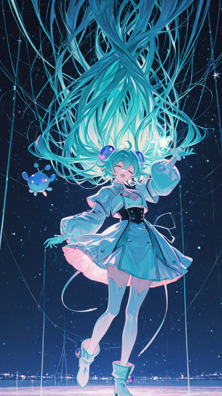 Une jeune fille d’anime, aux longs cheveux bleu clair coiffés en deux chignons, se tient devant une étoile géante et lumineuse, ainsi que devant des motifs cosmiques. Elle porte une tenue futuriste blanche et turquoise et est accompagnée de deux petits compagnons mignons qui flottent à ses côtés.