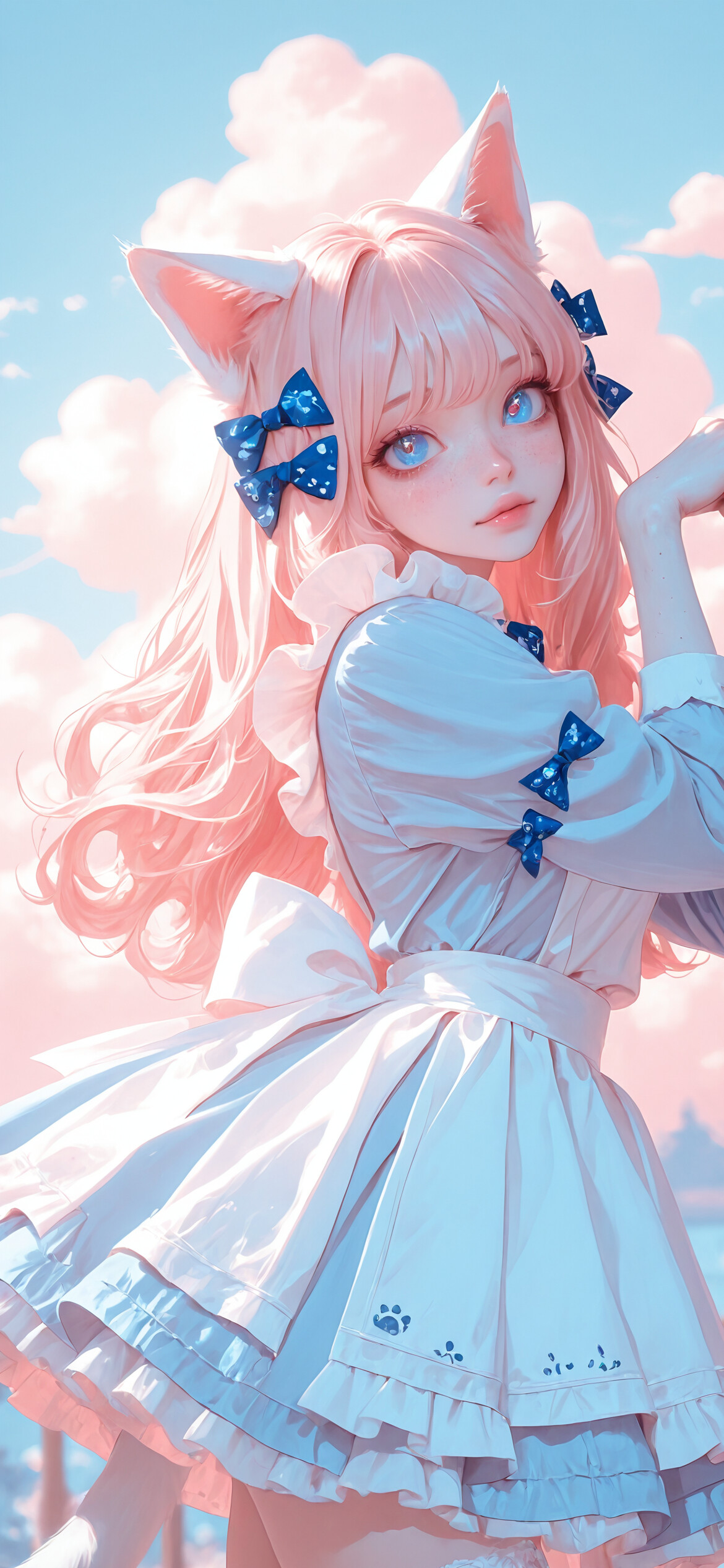 Une jeune fille d’anime aux longs cheveux roses, aux yeux bleus et aux oreilles et à la queue de chat blanches, portant une robe bleu clair et un tablier blanc, et faisant un geste mignon avec sa main en forme de patte de chat, le tout se déroulant sur un fond de ciel pastel bleu et rose.