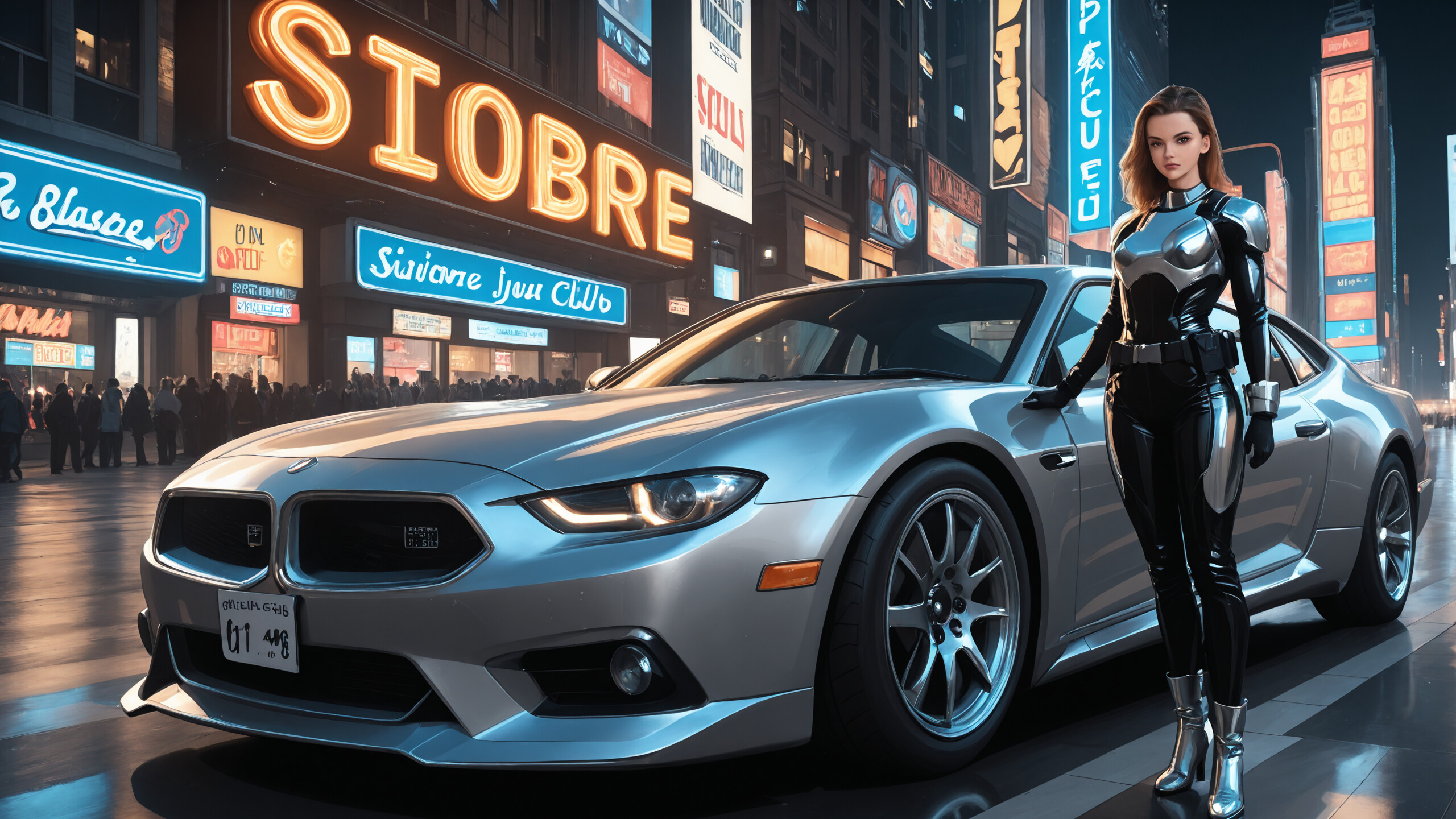 Illustration complète d’une femme vêtue d’une combinaison de combat futuriste noire et argentée, marchant dans une rue de la ville, la nuit, sous la pluie. Elle est flanquée de deux voitures anciennes argentées et entourée d’enseignes néon lumineuses.