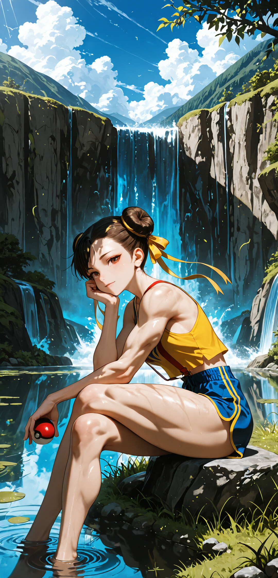 Chun-Li, issue de la série Street Fighter, est assise au bord d’un lac, dans un cadre naturel et ensoleillé, avec une cascade en arrière-plan. Elle est vêtue comme une dresseuse de Pokémon, avec un haut jaune et un short bleu, et elle tient une Poké Ball tout en souriant à la personne qui la regarde.