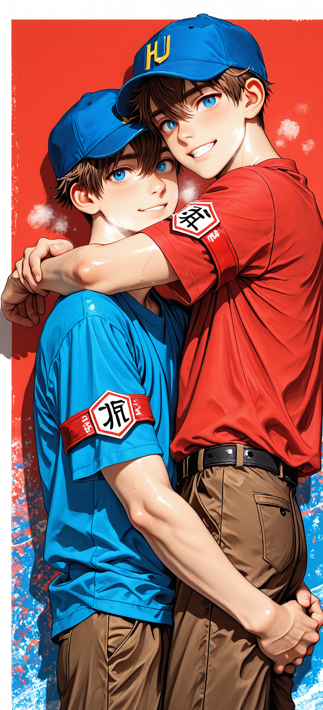 Un jeune homme au style manga, avec des cheveux bruns et des yeux bleu vif, portant une chemise bleue et une casquette de baseball ornée d’un « H », sourit avec assurance, assis, les bras et les jambes croisés, devant un mur rouge.