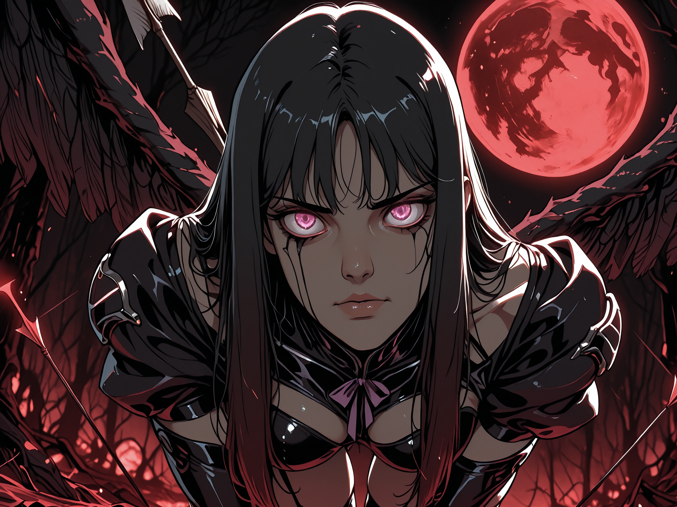 Une illustration de style manga représentant une femme aux longs cheveux noirs, aux yeux violets lumineux et aux grandes ailes sombres, debout dans une forêt sombre devant une grande lune rouge. Elle porte une tenue gothique noire et des bas montants.