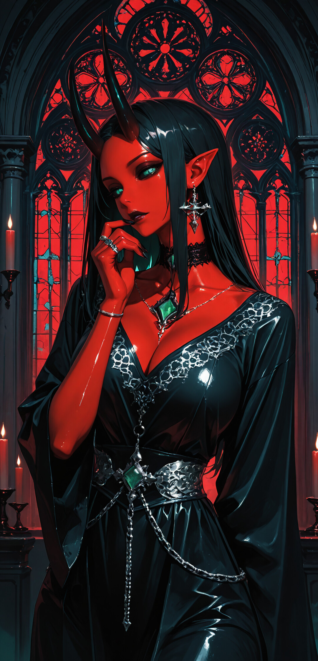 Une illustration représentant une magnifique femme-démon à la peau rouge éclatante, aux longs cheveux noirs et aux yeux verts lumineux, sur fond d’une sombre cathédrale gothique aux vitraux rouges et aux bougies allumées.