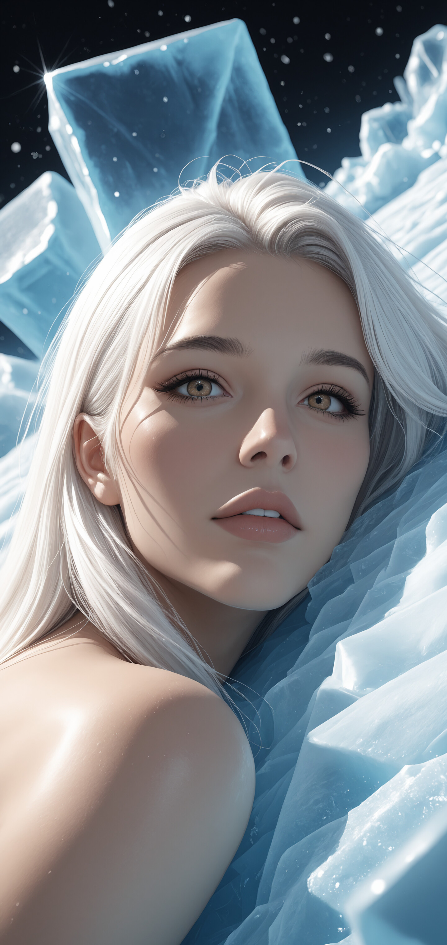 Un portrait en gros plan d’une jeune femme magnifique, aux cheveux blancs et aux yeux bleus, qui regarde à travers un cadre carré de glace, le menton posé sur un lit de glace pilée.