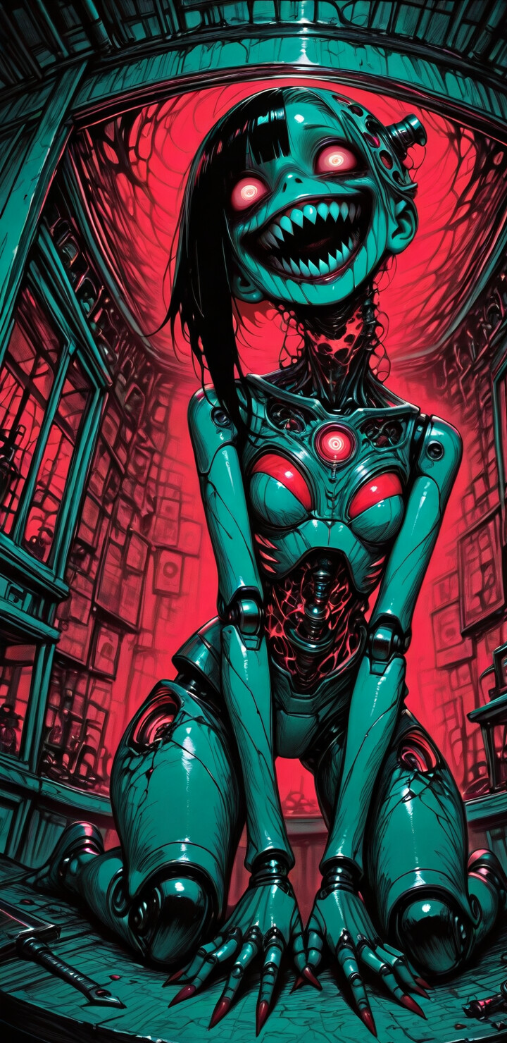 Une robot féminine pâle, avec un large sourire dévoilant ses dents et des yeux injectés de folie, est agenouillée sur le sol d’une pièce sombre, typique de la science-fiction. Derrière elle, des silhouettes indistinctes aux yeux brillants sont visibles à travers des fenêtres éclairées en rouge.