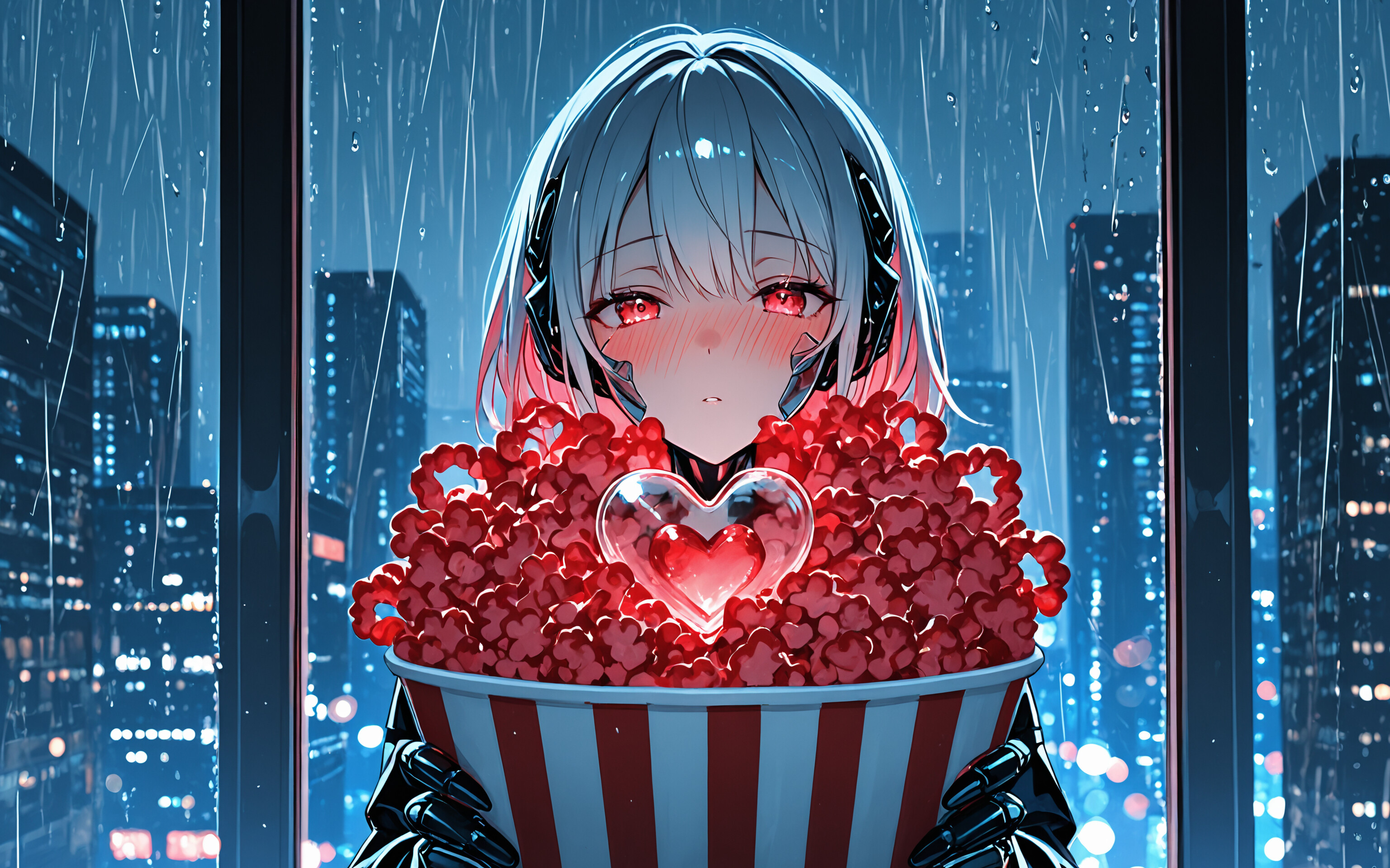 Une jeune fille cyborg au style manga, avec de courts cheveux bleu clair et des yeux bleus, rougit en tenant un grand seau à rayures rouges et blanches rempli de pop-corn. Un cœur rose et translucide repose sur le pop-corn. Elle se tient devant une fenêtre donnant sur une ville pluvieuse, la nuit.