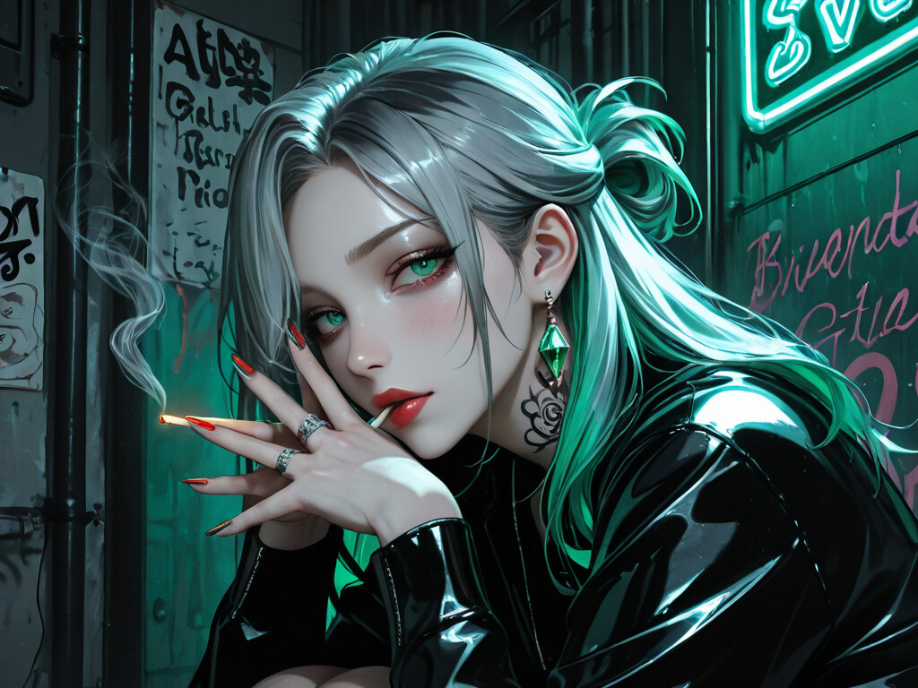 Une illustration de style manga représentant une jeune femme aux cheveux gris, avec des mèches vertes et des yeux vert vif. Elle est accroupie dans une ruelle sombre, éclairée par des néons, et fume une cigarette tout en regardant directement l’objectif de la caméra. Elle a un grand tatouage de rose sur le bras.