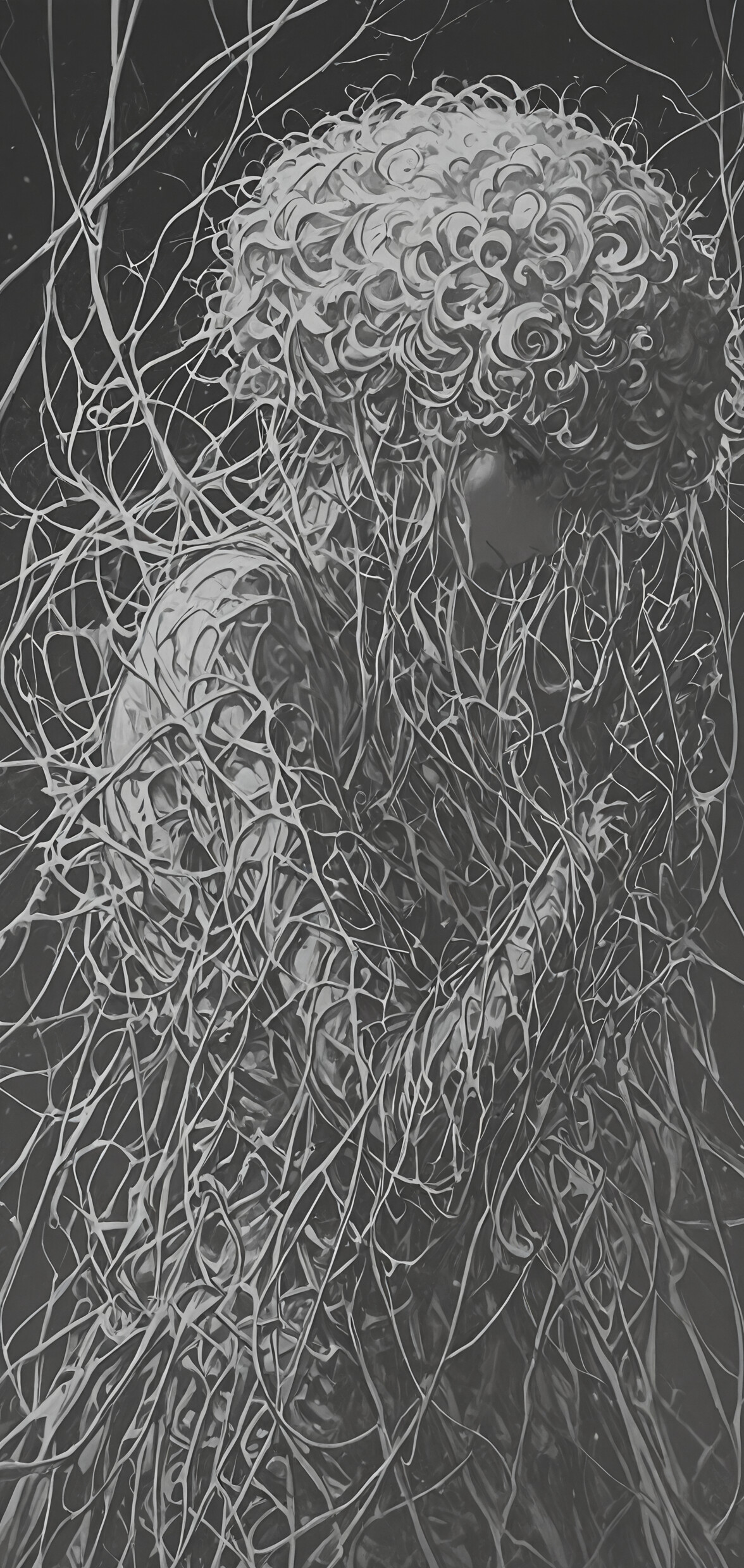 Une illustration en noir et blanc, très détaillée, représentant une femme de profil. Elle a de grands yeux expressifs et de courts cheveux blancs, bouclés et serrés. Un motif complexe, blanc et en forme de toile d’araignée, recouvre son cou et ses épaules, sur un fond sombre et abstrait.