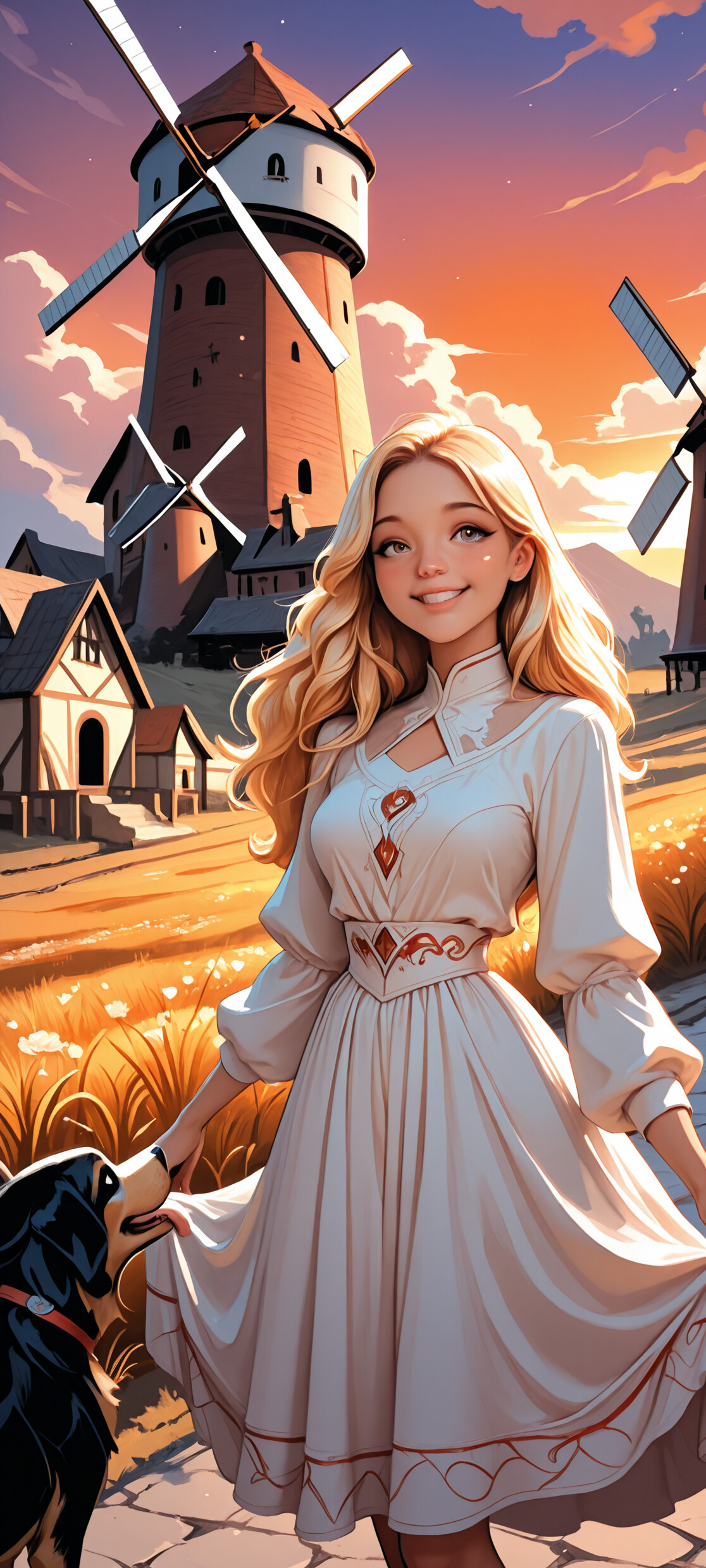 Une illustration de style manga représentant une jeune femme souriante, aux longs cheveux blonds, vêtue d’une robe blanche, se tenant dans un champ avec son chien joyeux. En arrière-plan, on aperçoit un paysage rural avec un grand moulin à vent et des maisons, le tout baigné par la lumière d’un coucher de soleil.