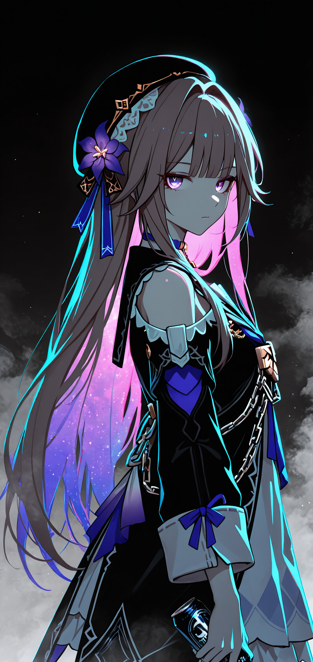 Une illustration numérique de Herta, personnage du jeu Honkai : Star Rail, représentée de profil sur un fond sombre. Ses longs cheveux sont illuminés par un dégradé de couleurs vives, allant du violet au cyan, et elle porte un béret noir orné d’une fleur violette.