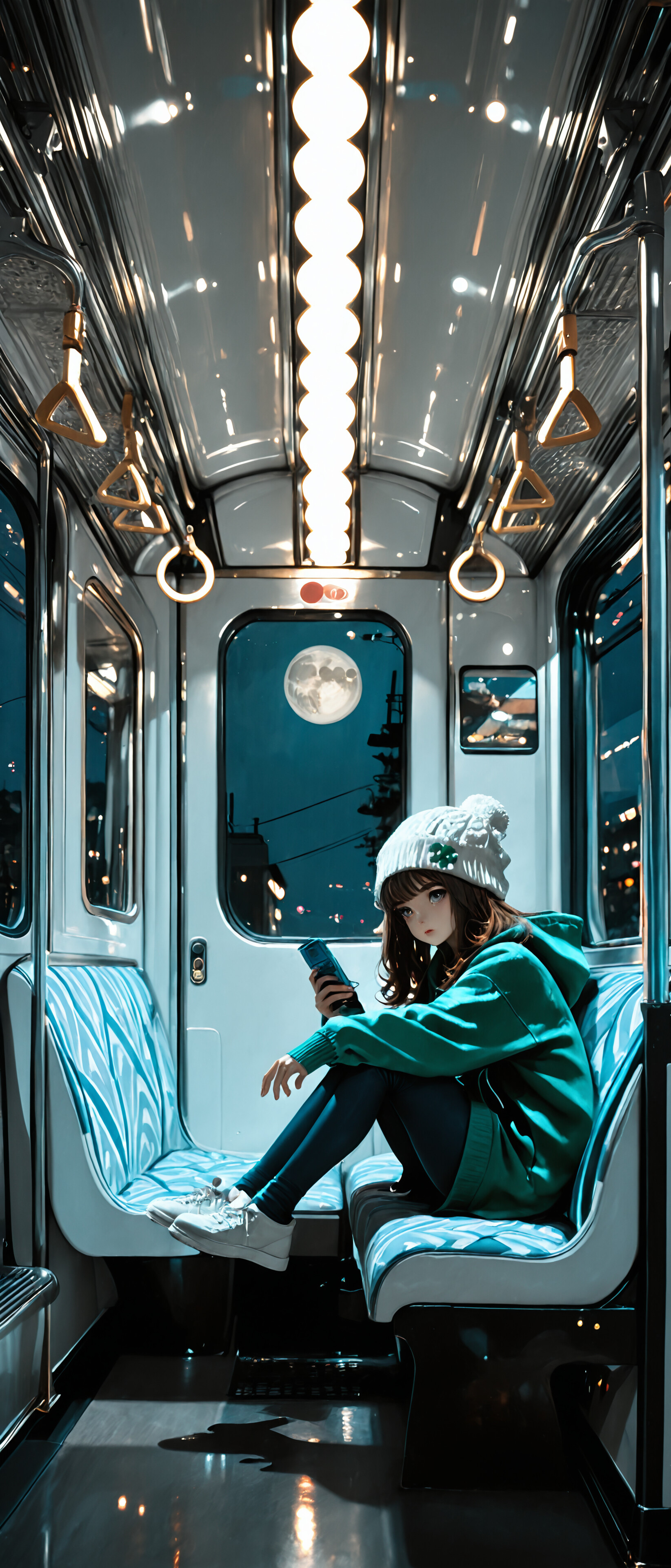 Une illustration représentant une jeune femme aux cheveux bruns, assise à l’intérieur d’un train de nuit, portant un sweat à capuche vert et un bonnet, et jouant sur une console de jeux portable bleue. On peut voir une pleine lune à travers la fenêtre du train.