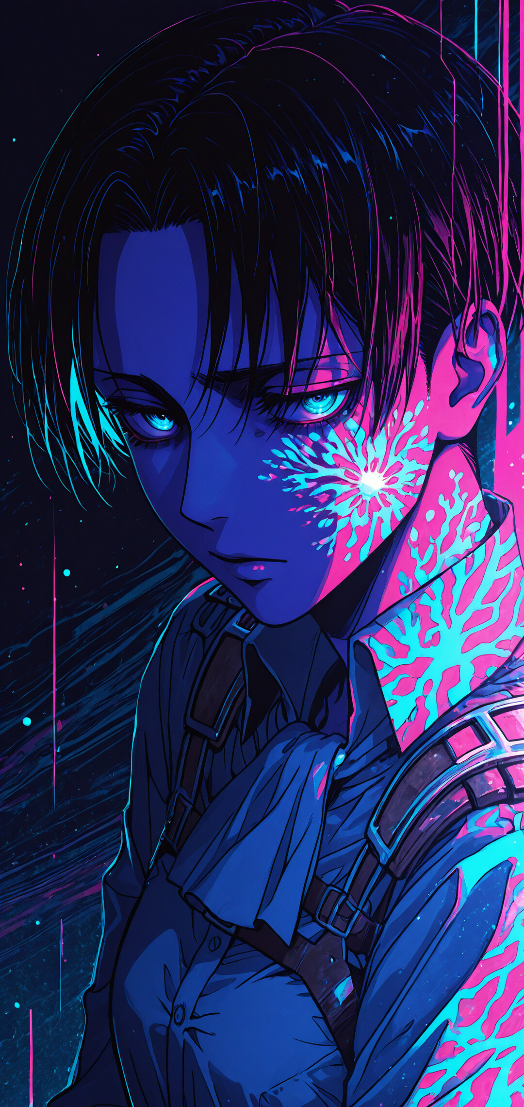 Une illustration de style manga représentant Levi Ackerman, personnage de l’œuvre « L’Attaque des Titans », la main posée sur sa poitrine. L’œuvre se caractérise par une palette de couleurs néon vives, allant du bleu au rose en passant par le violet, sur un fond abstrait et dynamique.