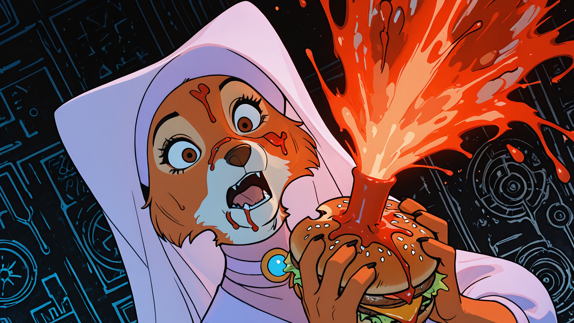 Une illustration de Marianne, le renard du film « Robin des Bois » de Disney, qui affiche une expression de choc en train de croquer goulûment dans un énorme cheeseburger. Du ketchup est éclaboussé sur son visage et coule du burger, le tout sur un fond rouge et orange aux couleurs vives.