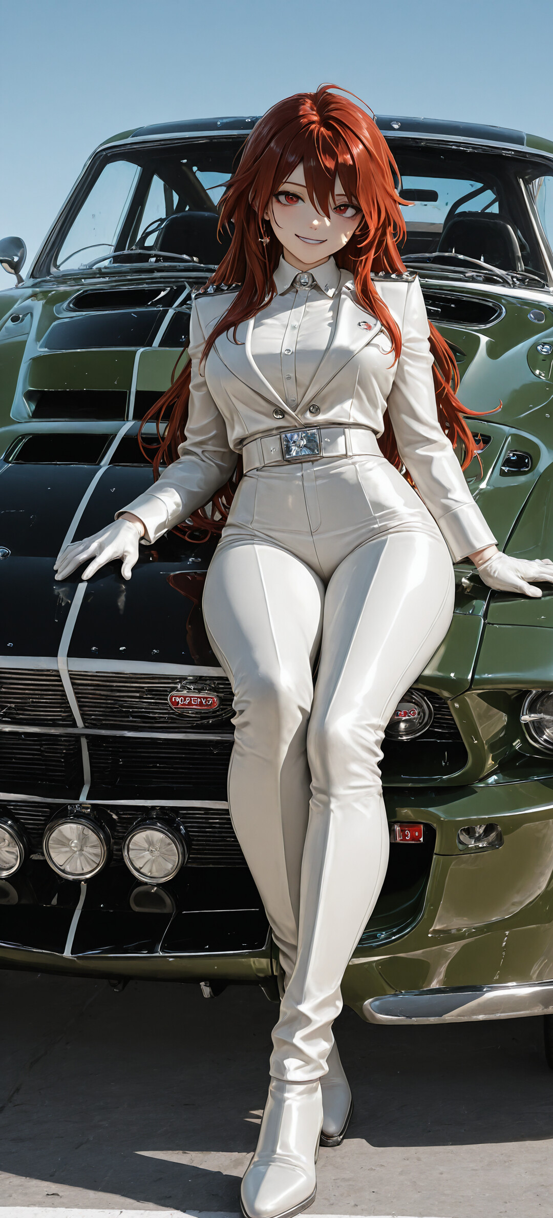 Vue de face d’une Ford Mustang ancienne, fortement modifiée, de couleur vert foncé, avec une calandre personnalisée et cinq phares ronds sur le pare-chocs avant, garée à l’extérieur par une journée ensoleillée.