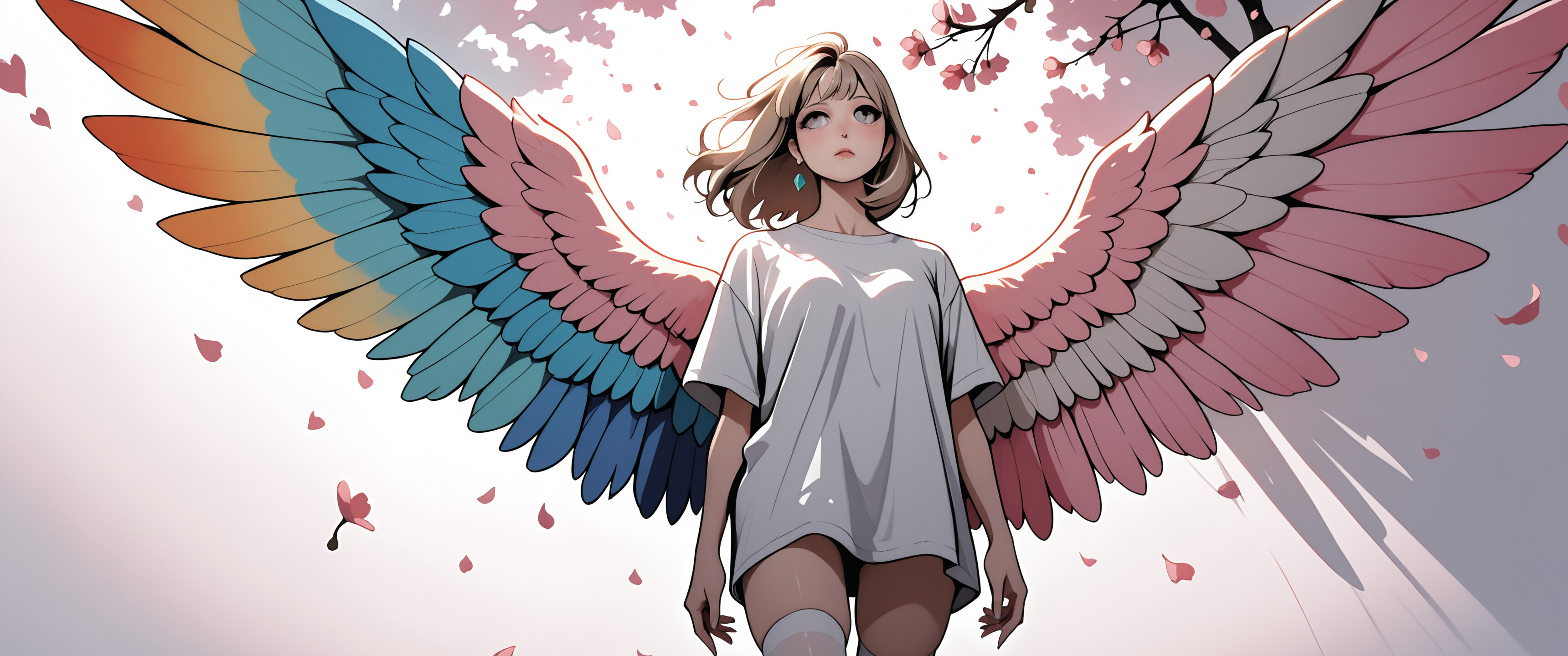 Illustration d’une jeune fille de style manga, représentée en pied, avec des ailes colorées et plumeuses. Elle a les cheveux châtain clair, porte une chemise blanche ample, des bas blancs montant jusqu’aux cuisses et des baskets, et se tient au milieu de pétales de cerisier qui tombent, sur un fond sombre éclairé par une lumière vive derrière elle.