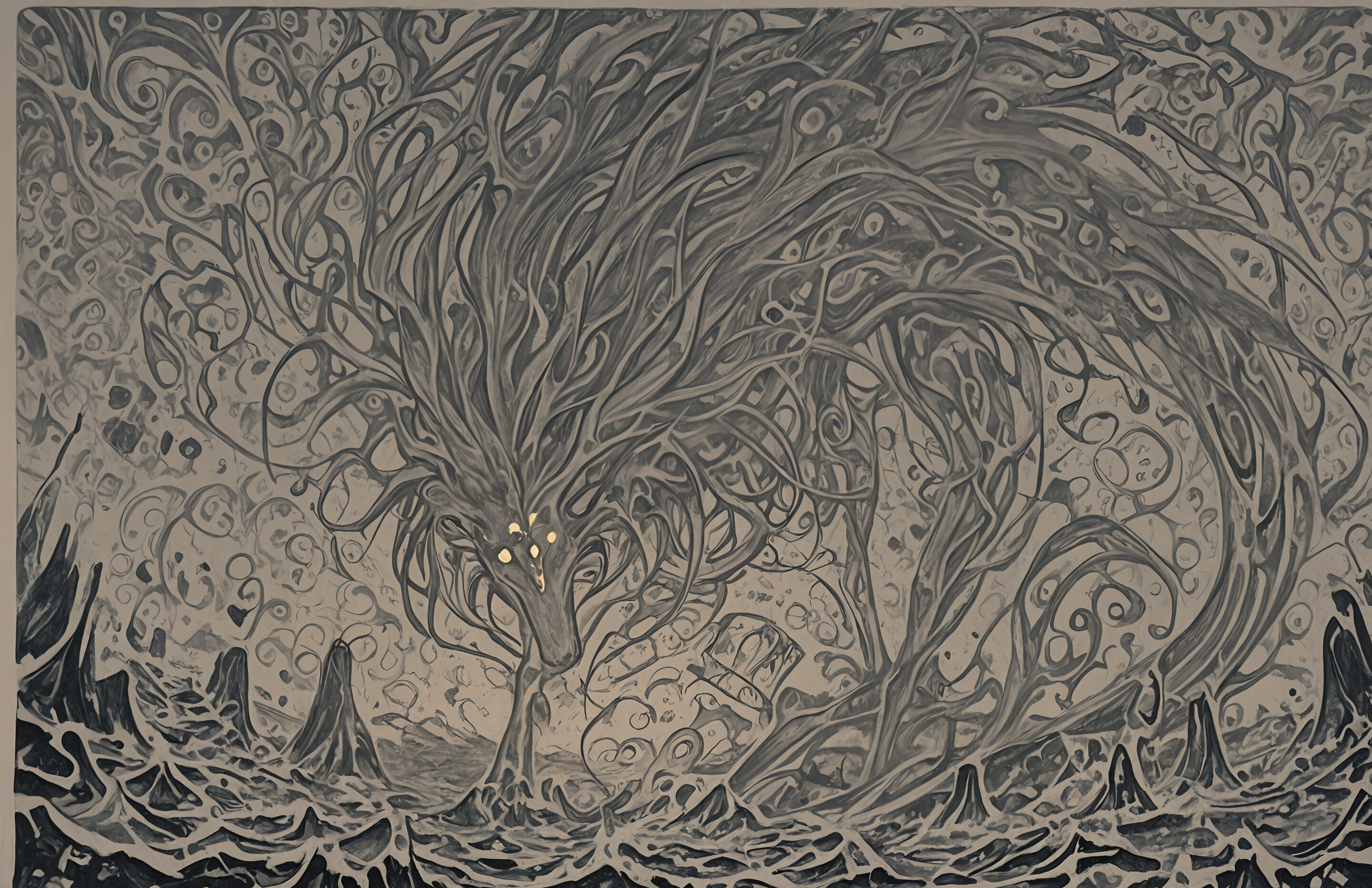 Une peinture abstraite sur fond sombre, recouverte d’un réseau dense et complexe de lignes et de points dorés tourbillonnants. En haut, au centre, une seule sphère lumineuse et éclatante sert de point central.