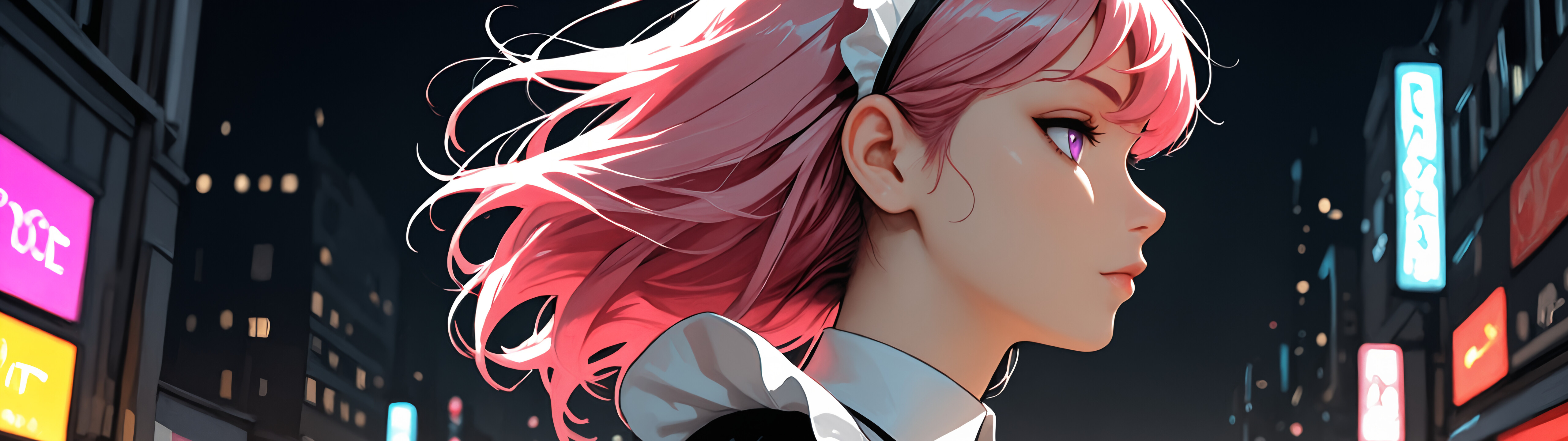 Une illustration de style manga représentant une jeune femme aux longs cheveux roses et aux yeux violets, vêtue d’un uniforme de femme de chambre noir et blanc. Elle se tient dans une rue de la ville, de nuit, avec des néons flous en arrière-plan.