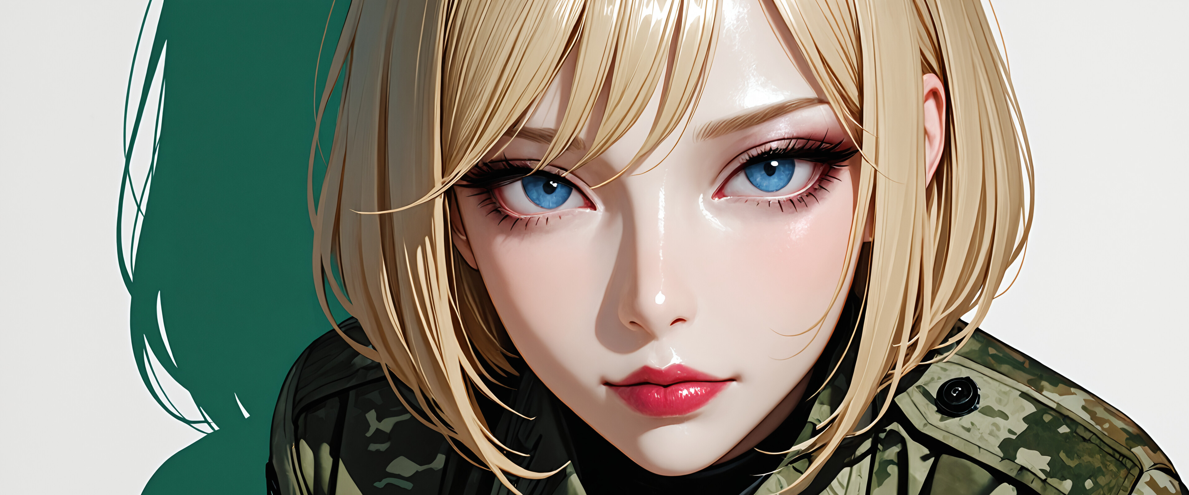 Une illustration détaillée d’une belle soldate, avec une coupe au carré blonde et des yeux bleus perçants, portant un uniforme de camouflage vert et un harnais tactique noir, et posant sur un fond blanc.
