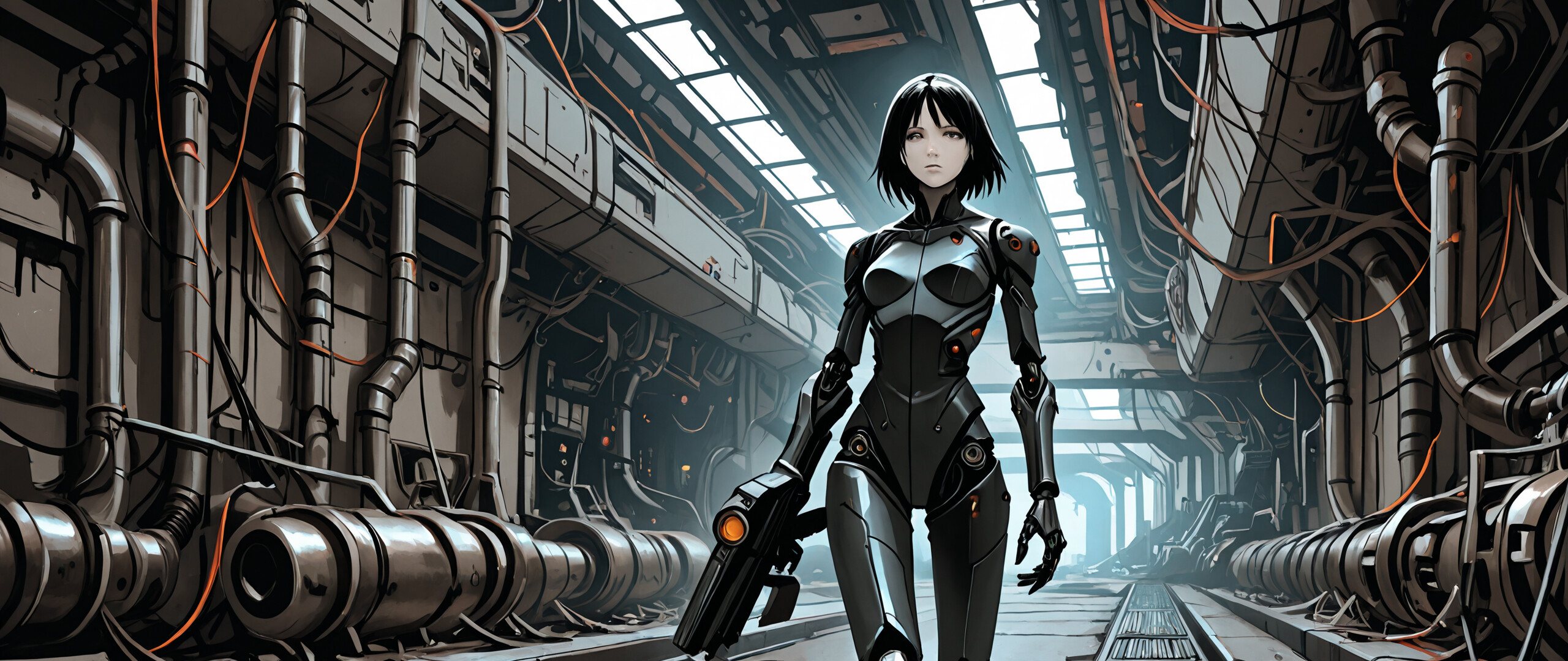 Une illustration du personnage cyborg Sanakan, issu du manga BLAME!, montrant son corps en entier alors qu’elle avance vers le spectateur dans un couloir sombre, étroit et industriel, typique de la science-fiction, rempli de tuyaux et de câbles. Elle a les cheveux courts et noirs et tient une grosse arme à la main.