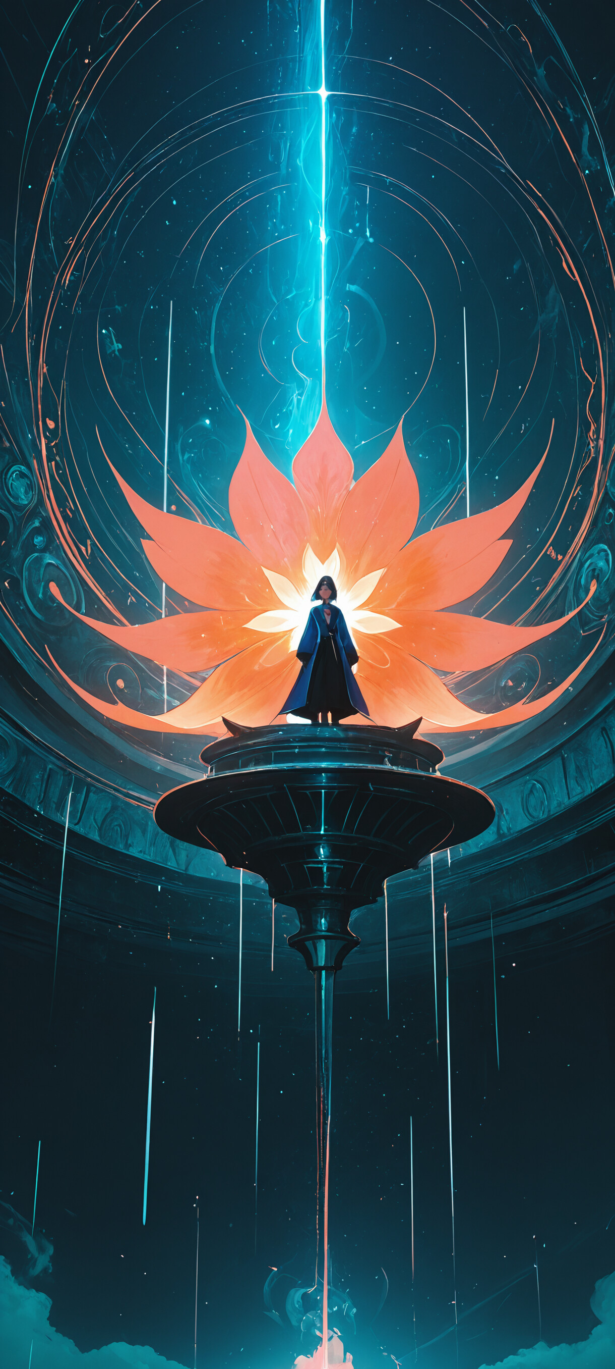 Une illustration représentant une jeune femme en pied, avec de courts cheveux noirs et portant un manteau sombre et futuriste. Elle se tient devant un grand portail circulaire, d’un bleu-vert et rouge éclatants, dans un environnement sombre et rocheux.