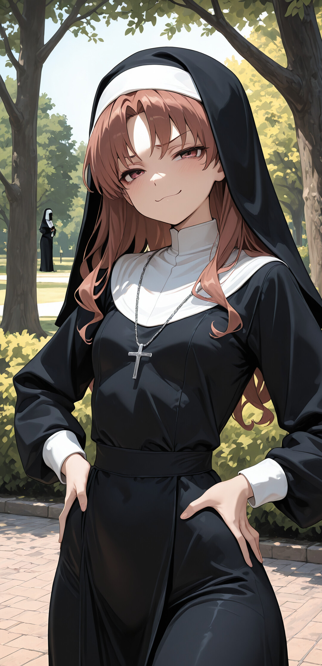 Une illustration de Shirai Kuroko, personnage de l’anime « A Certain Scientific Railgun », représentée comme une nonne. Elle a de longs cheveux bruns, une expression satisfaite et se tient debout, les mains sur les hanches, dans un parc.
