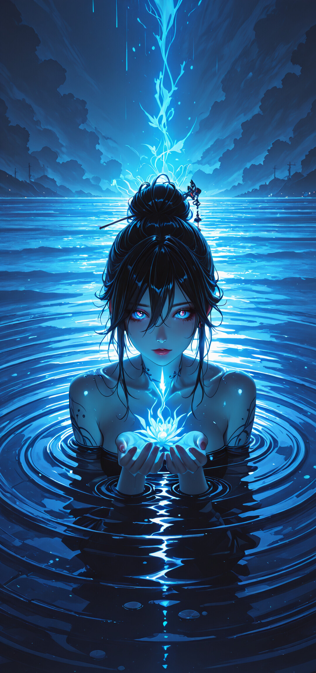 Une illustration de style manga représentant une femme aux cheveux noirs, coiffée en chignon, plongée jusqu’au cou dans une eau sombre qui émet une lumière bleue, créant des ondulations autour d’elle tandis qu’elle regarde droit devant avec des yeux bleus perçants et lumineux.